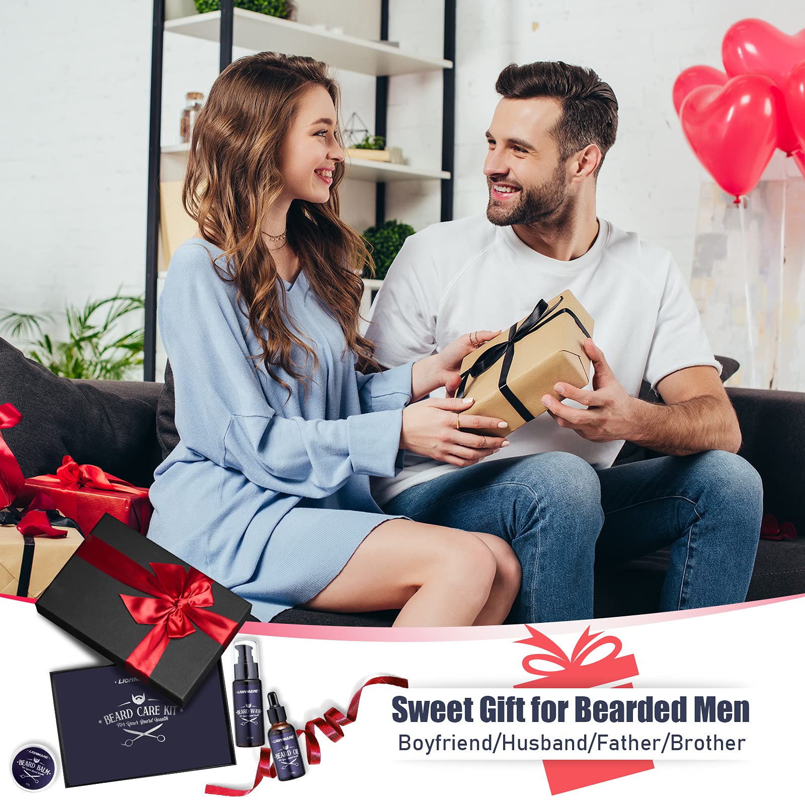 Lionmane Beard Care Gifts Kit for Men - Grooming Set A with Beard Balm, Wash, Oil, Brush & Scissors - Perfect Gift for Him
