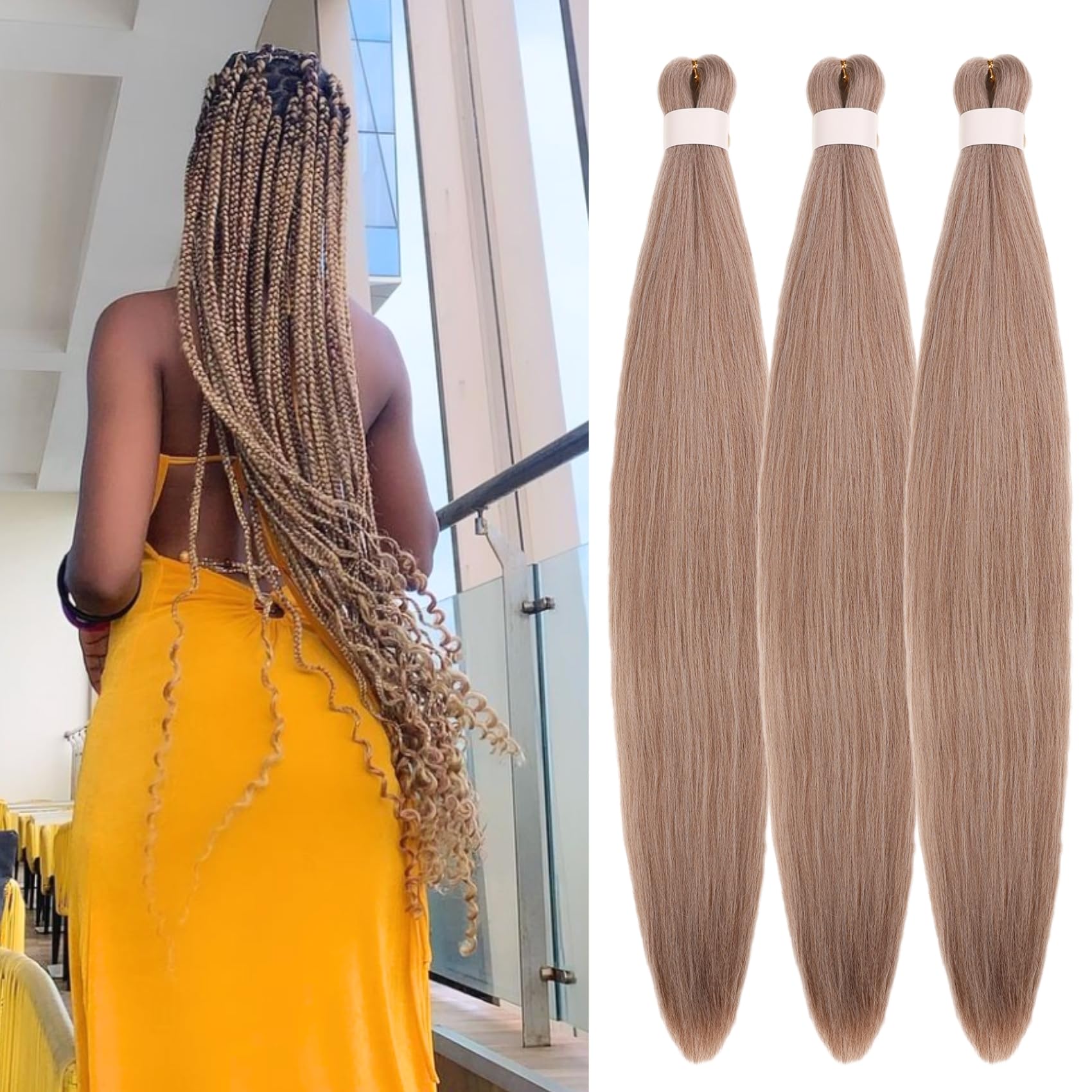 Ash Brown Braiding Hair Pre stretched Box Braiding Hair Extensions for Knotless Box Braids 3 Packs