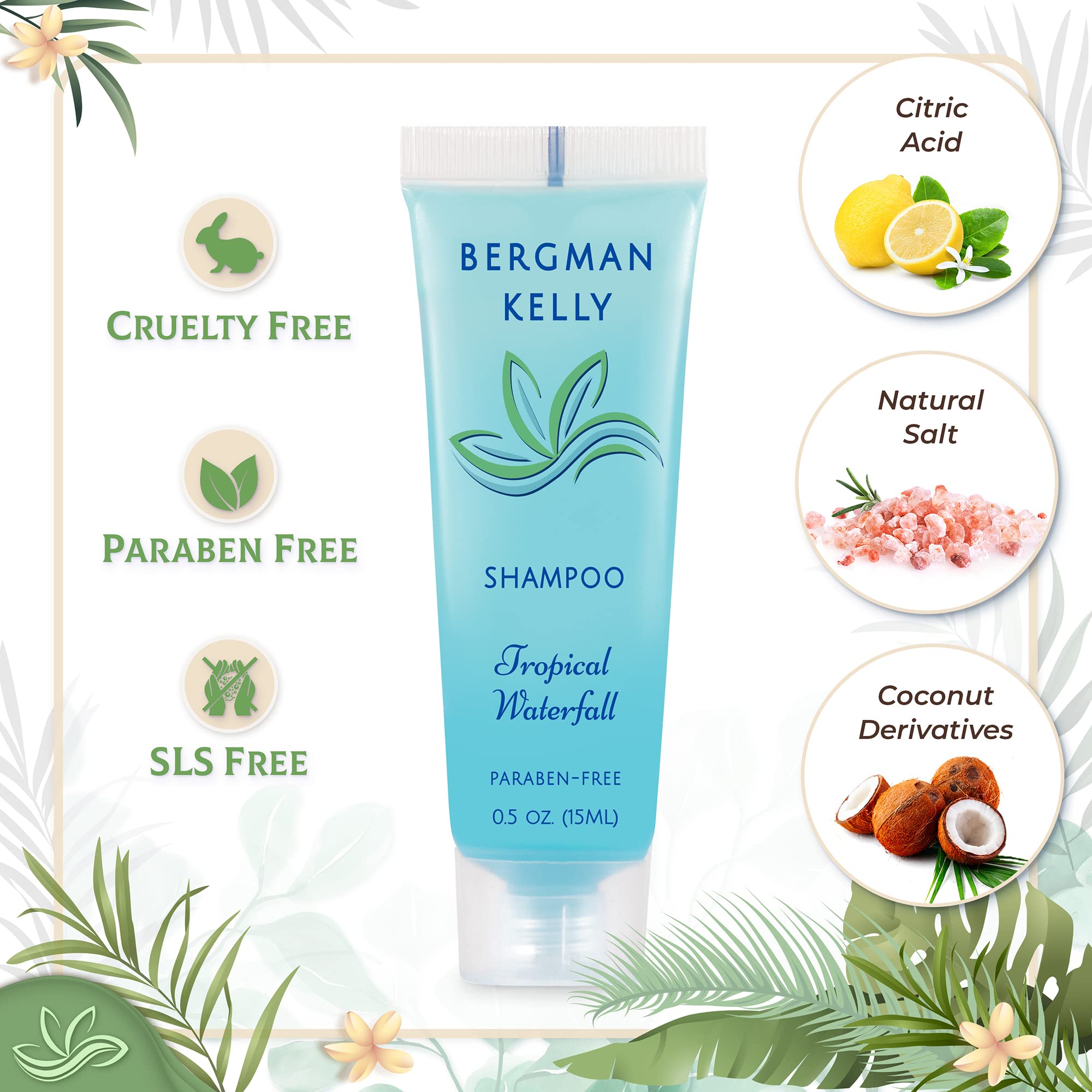Bergman Kelly Rectangular Hotel Soap Bars, Shampoo & Conditioner 3-Pc Set (0.5 Oz Each, 150 Pc, Tropical Waterfall), Delight Gue