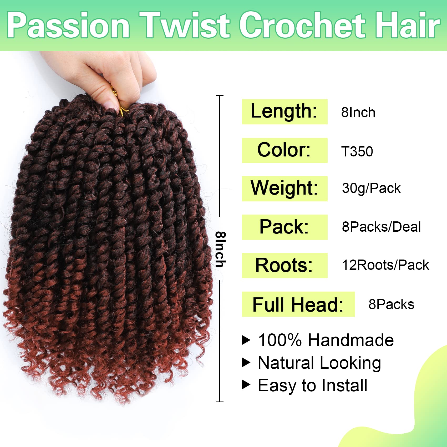 Passion Twist Crochet Hair 8Inch Passion Twist Hair 8 Packs Pre-Twisted Passion Twist Curly Crochet Hair For Black Women (T350-8