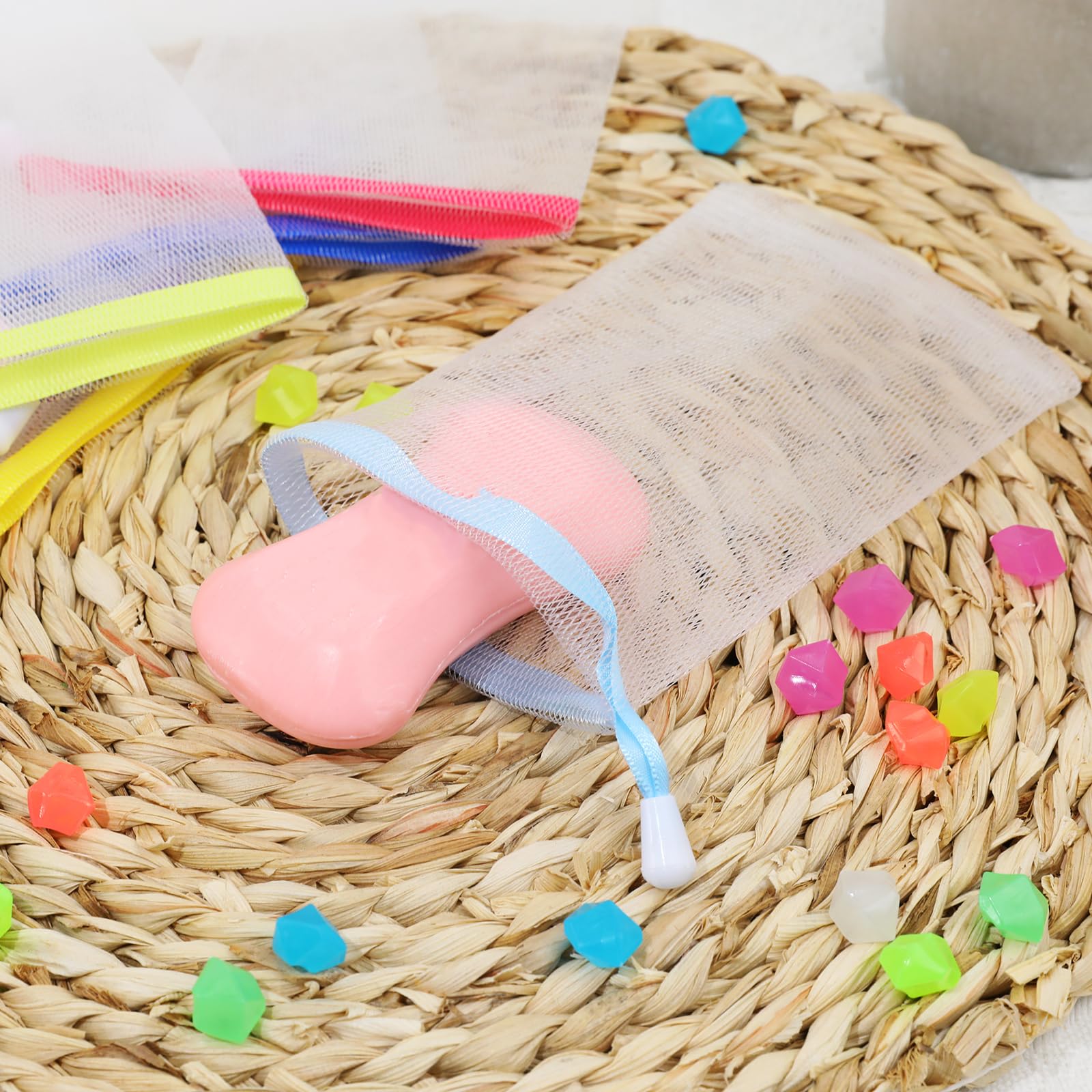 Mozeat Lens 10 Pcs Soap Bags Handmade Soap Bubble Mesh Bags Exfoliating Soap Saver Pouch Net Bags With Drawstring Body Facial Cl