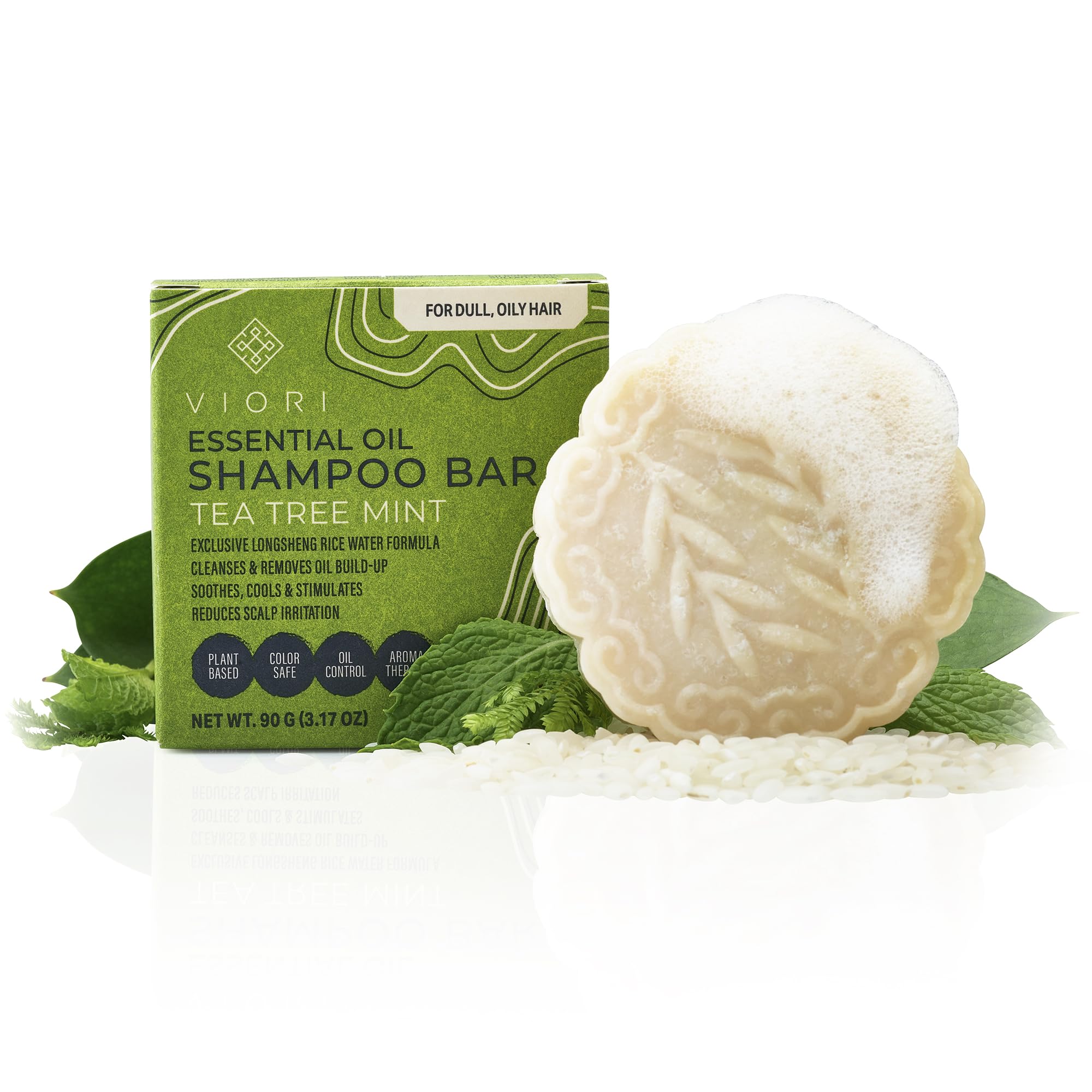 Viori Tea Tree Mint Essential Oil Shampoo Bar Made With Rice Water - Handcrafted All Natural Shampoo Bars - Sulfate Free Shampoo