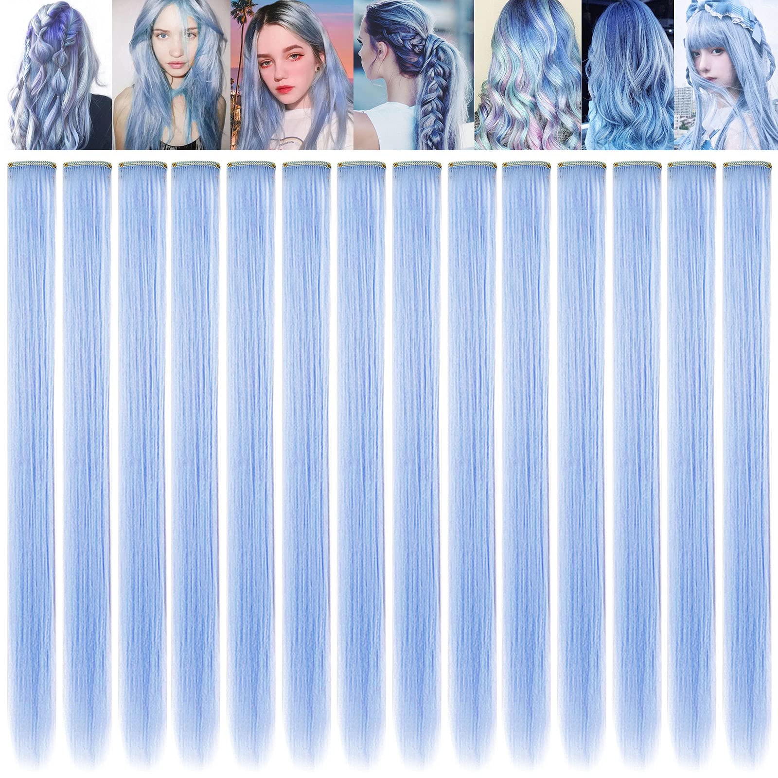 SARARHY Colored Hair Extensions Christmas halloween Party Highlights Azure blue Clip In Hair Extension 21inch Straight Synthetic