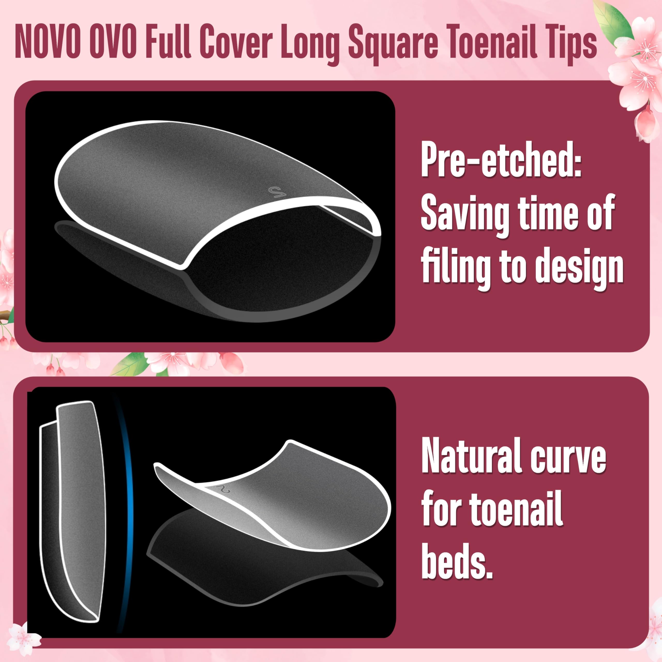 NOVO OVO Long Square Toe Nail Tips Press on Full Cover, Extra Wide Clear Toenails Kit, Pre-shaped Double MatteToenails For Women