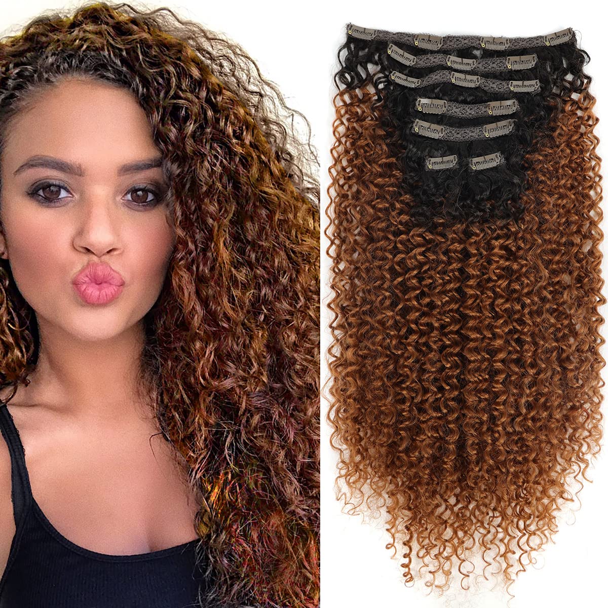 Curly Clip in Hair Extensions Clips in-Human Hair Feelings Natural Black Medium Auburn Curly Hair Extensions for Black Women Jer