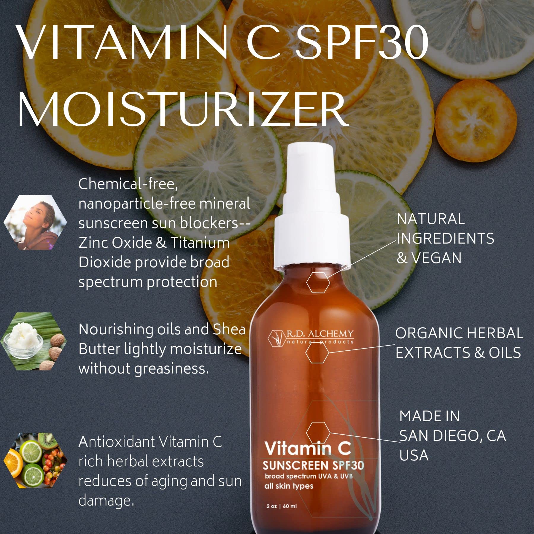 RD Alchemy - Natural & Organic Vitamin C SPF 30 Moisturizing Mineral Sunscreen. Non-Nano Zinc & Titanium - Lightweight Non Greas