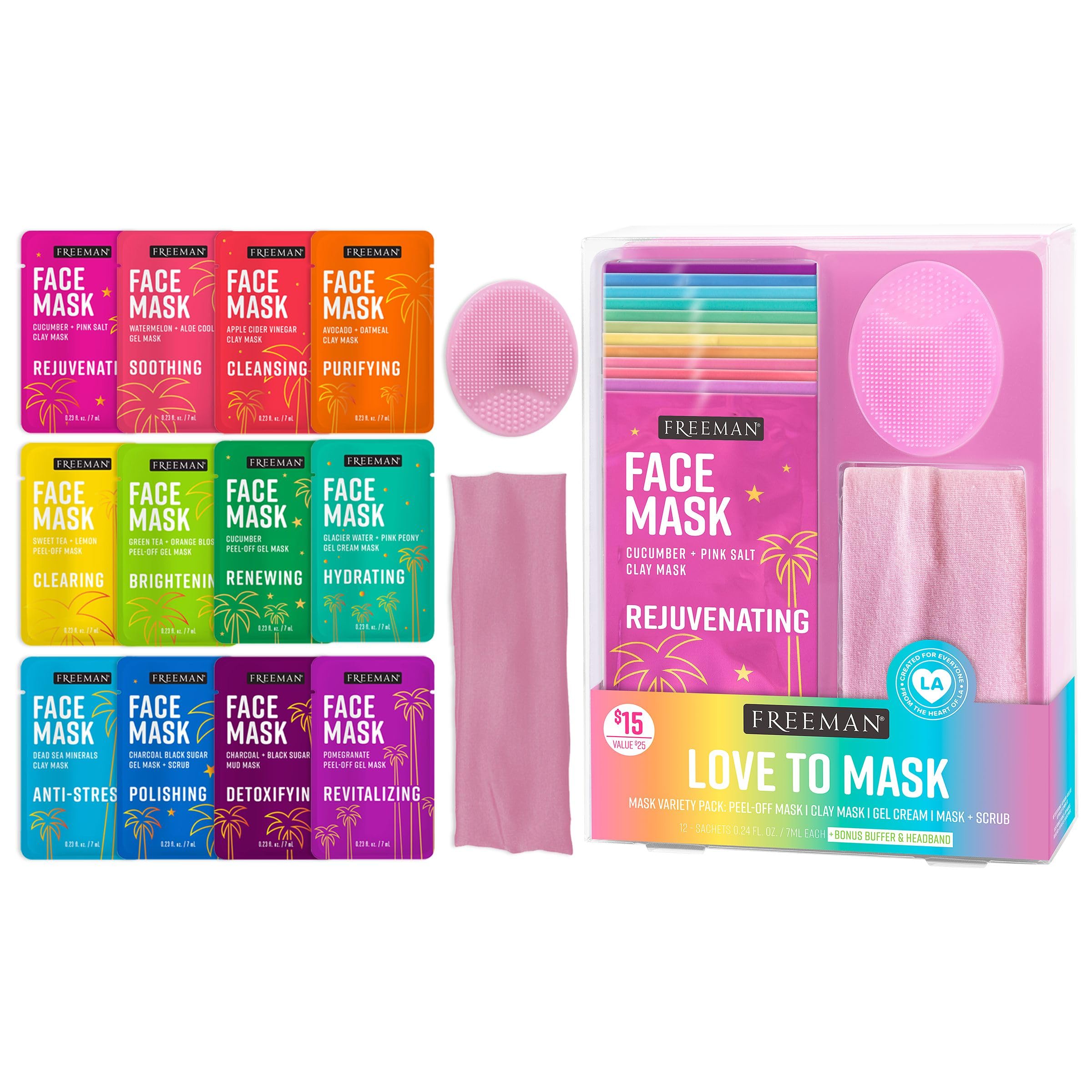 Freeman Facial Love To Mask 14 Piece Variety Pack: Oil Absorbing Clay, Detoxifying Charcoal, Clearing Peel Off, Hydrating Gel Cr