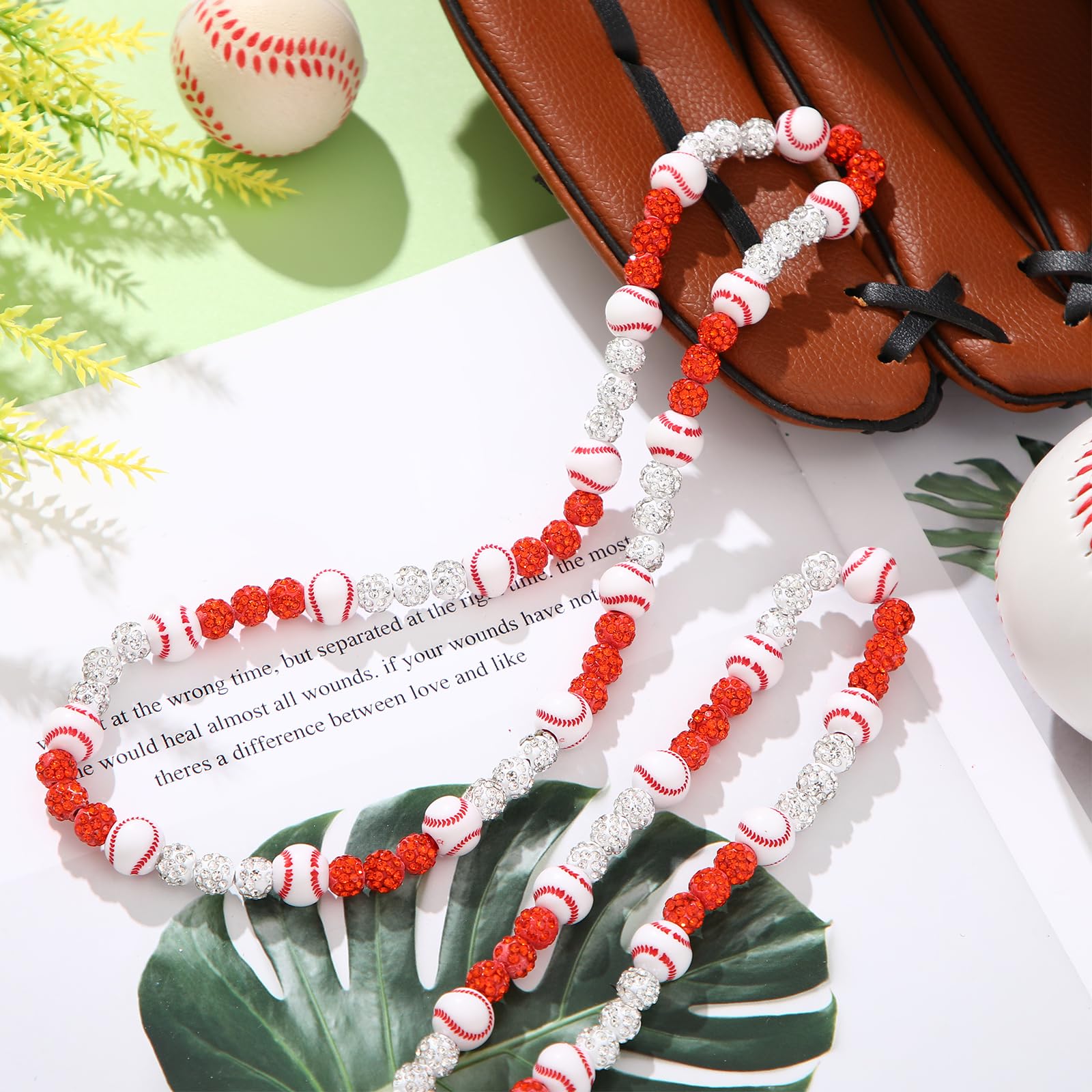 Liliaafar 6 Pcs Baseball Beaded Necklace for Teenager Bling Rhinestone Clay Beaded Necklace Gifts for Sports Team Fans(White, Re