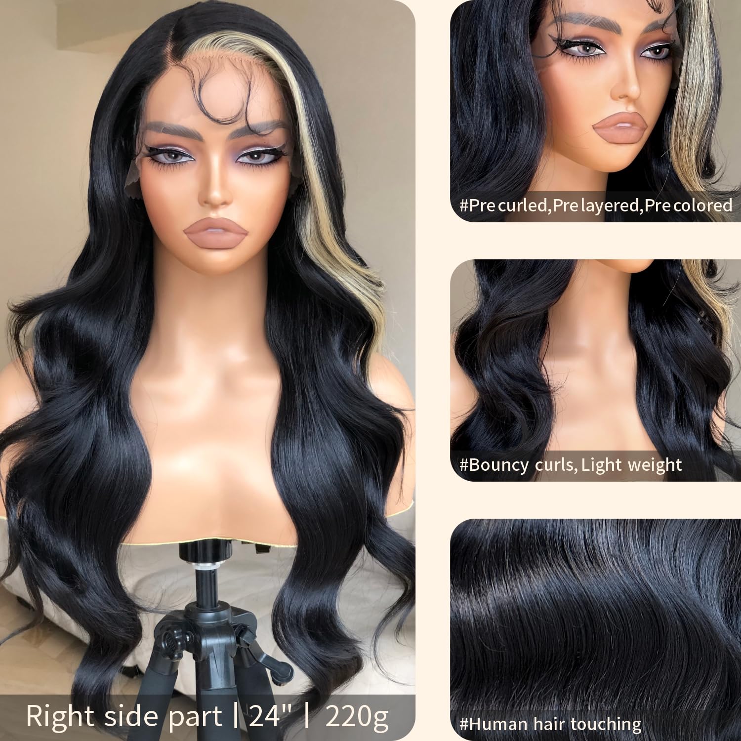 BrownBomb Skunk Stripe Wig Lace Front Wig Pre Plucked, Synthetic Lace Front Wigs for Women, Black and Blonde Wig Skunk Stripe La