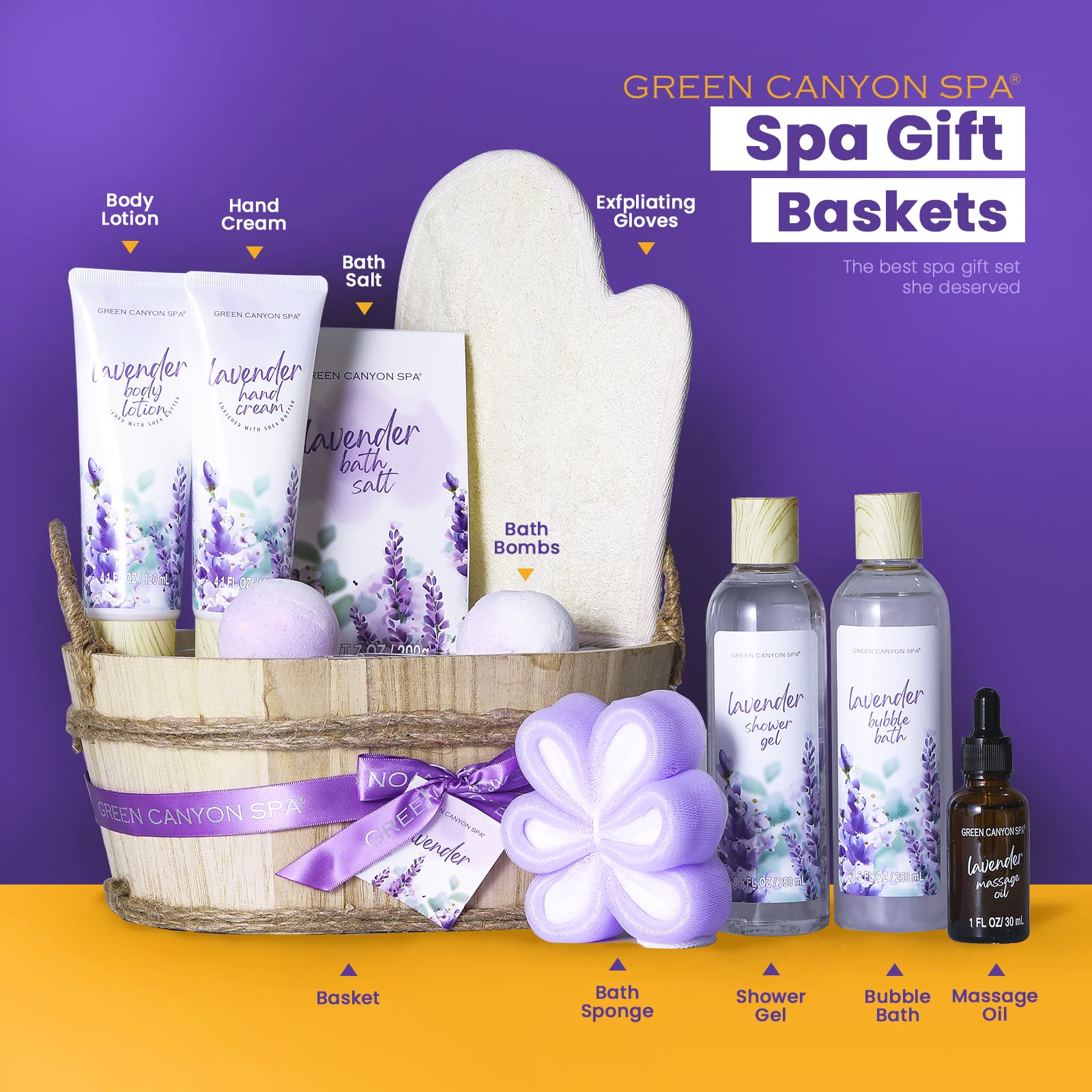 Spa Gift Baskets For Women 11Pcs Lavender Bath Gift Set With Body Lotion, Essential Oil, Relaxing Spa Baskets For Women, Birthda