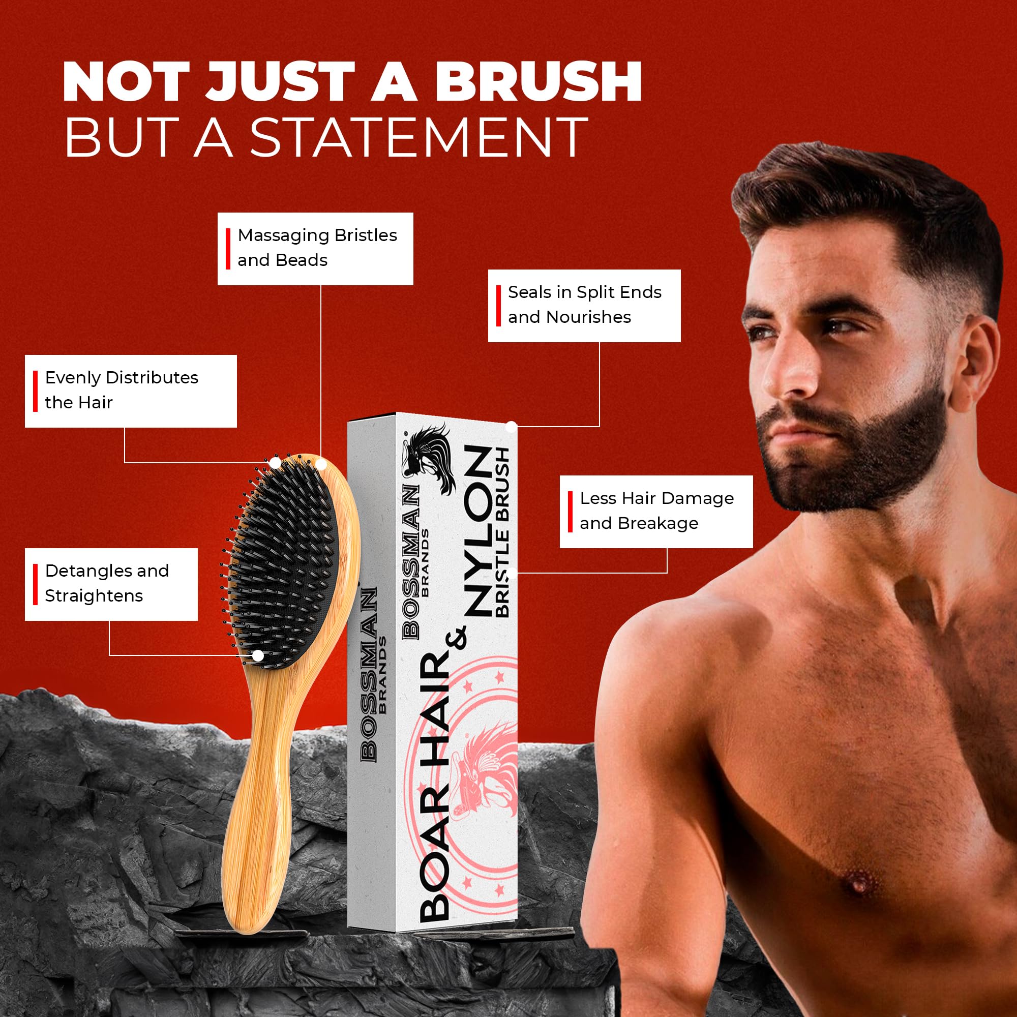Bossman Men's Boar and Nylon Bristle Hair and Beard Brush - Detangling & Straightening Wooden Oval Wet Brush - Ergonomic Bamboo