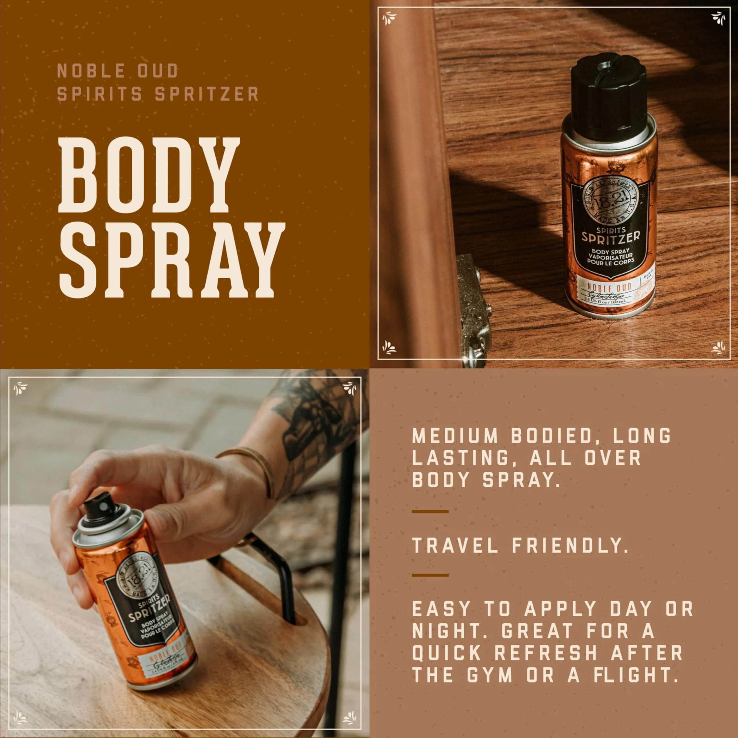18.21 Man Made Mens Spirits Spritzer Noble Oud, 3.4 Oz. - Long-Lasting All Over Body Spray With Masculine Aromatics - Gifts For
