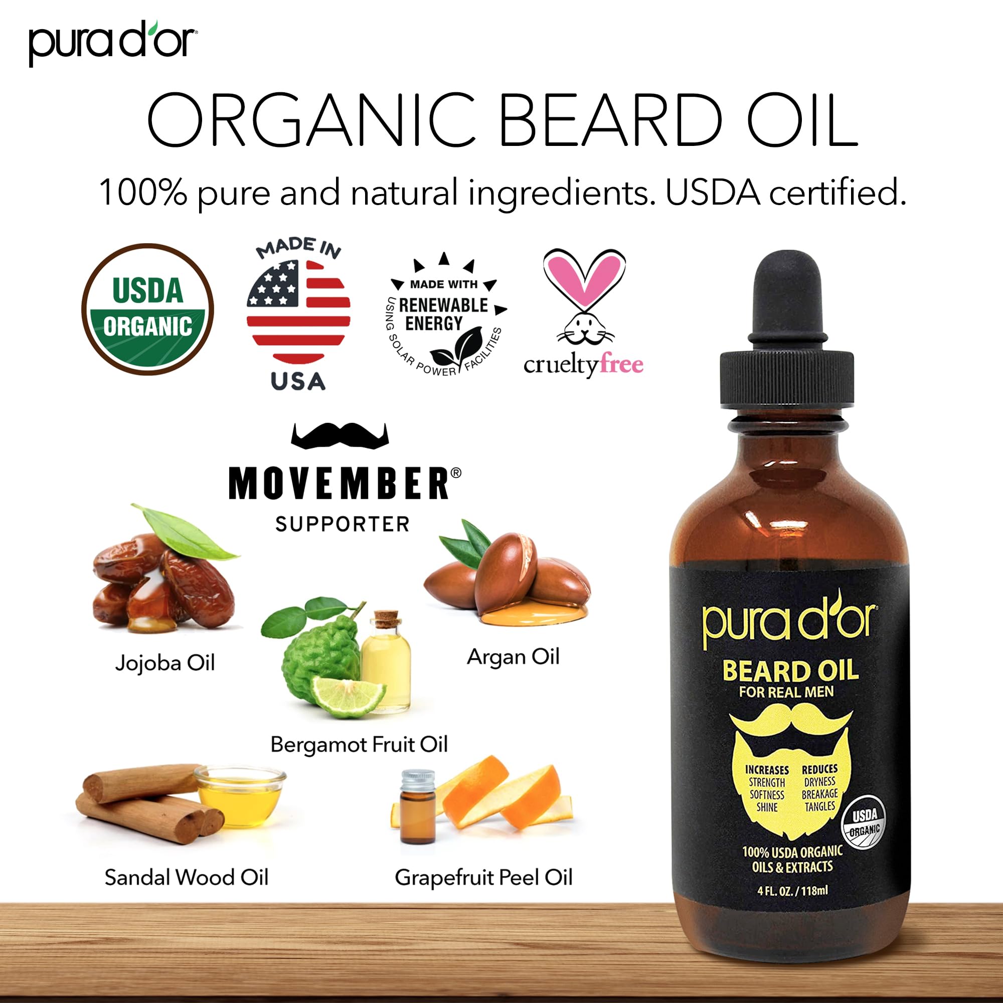 PURA D'OR 4 Oz ORGANIC Beard Softening Oil - Original Sandalwood Scent - Leave-In Conditioner, Argan & Jojoba Oil - Mustache Car