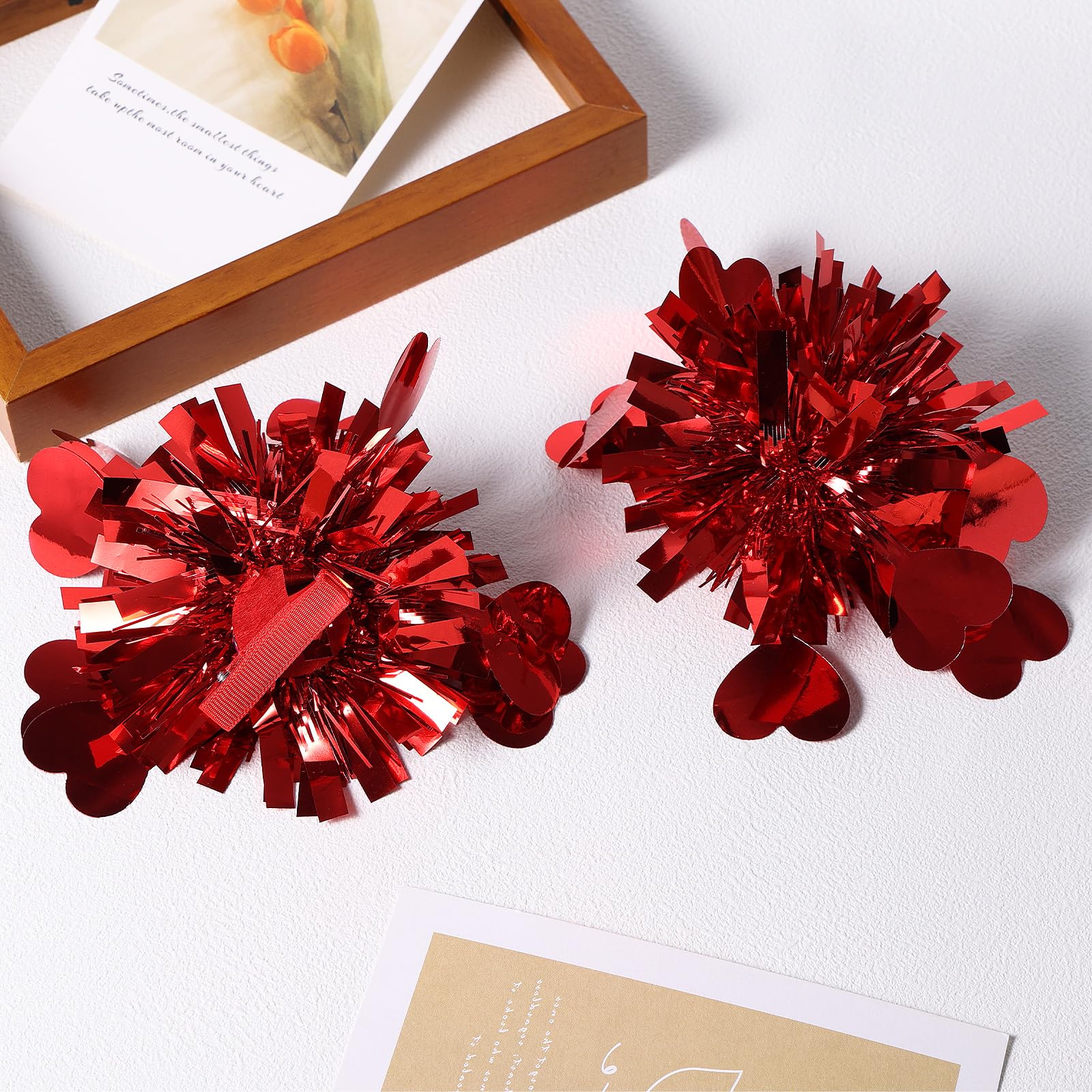 2Pc Valentine Red Heart Hair Clips, Glitter Metallic Love Pom Pom Cheer Bow Hair Barrette Pins For Women Girls Kids Wedding Part