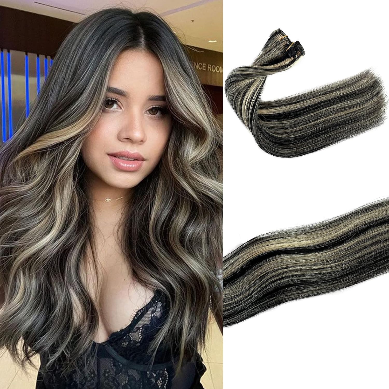 Clip In Hair Extensions Real Human Hair, Natural Black Highlighted Blonde 613 Clip In Hair Extensions Straight Hair Extensions C