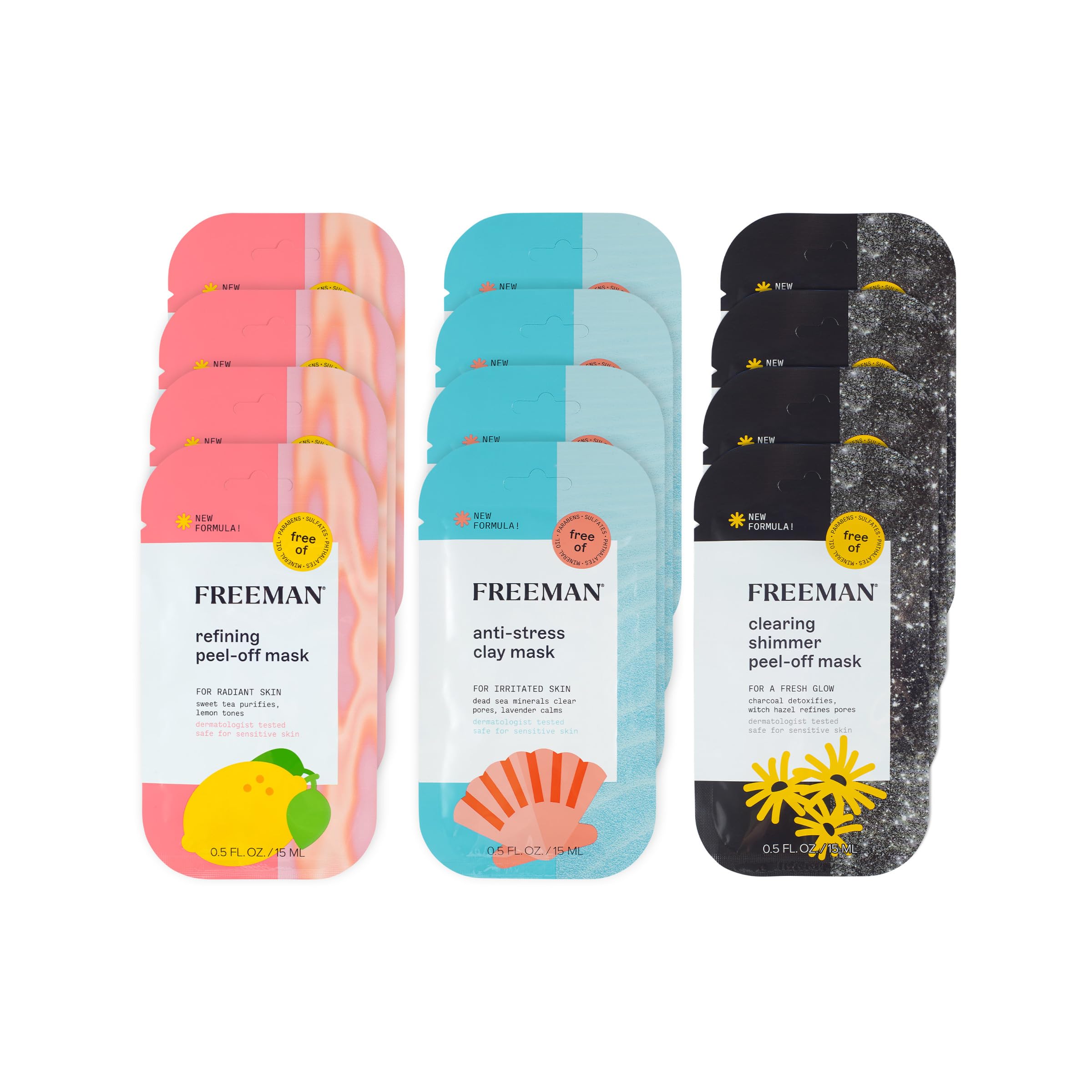 Freeman Facial Mask Variety 12 Count Bundle, Peel-Off & Clay Face Masks, Pore Clearing, Toning, Evening, & Calming Skincare, For