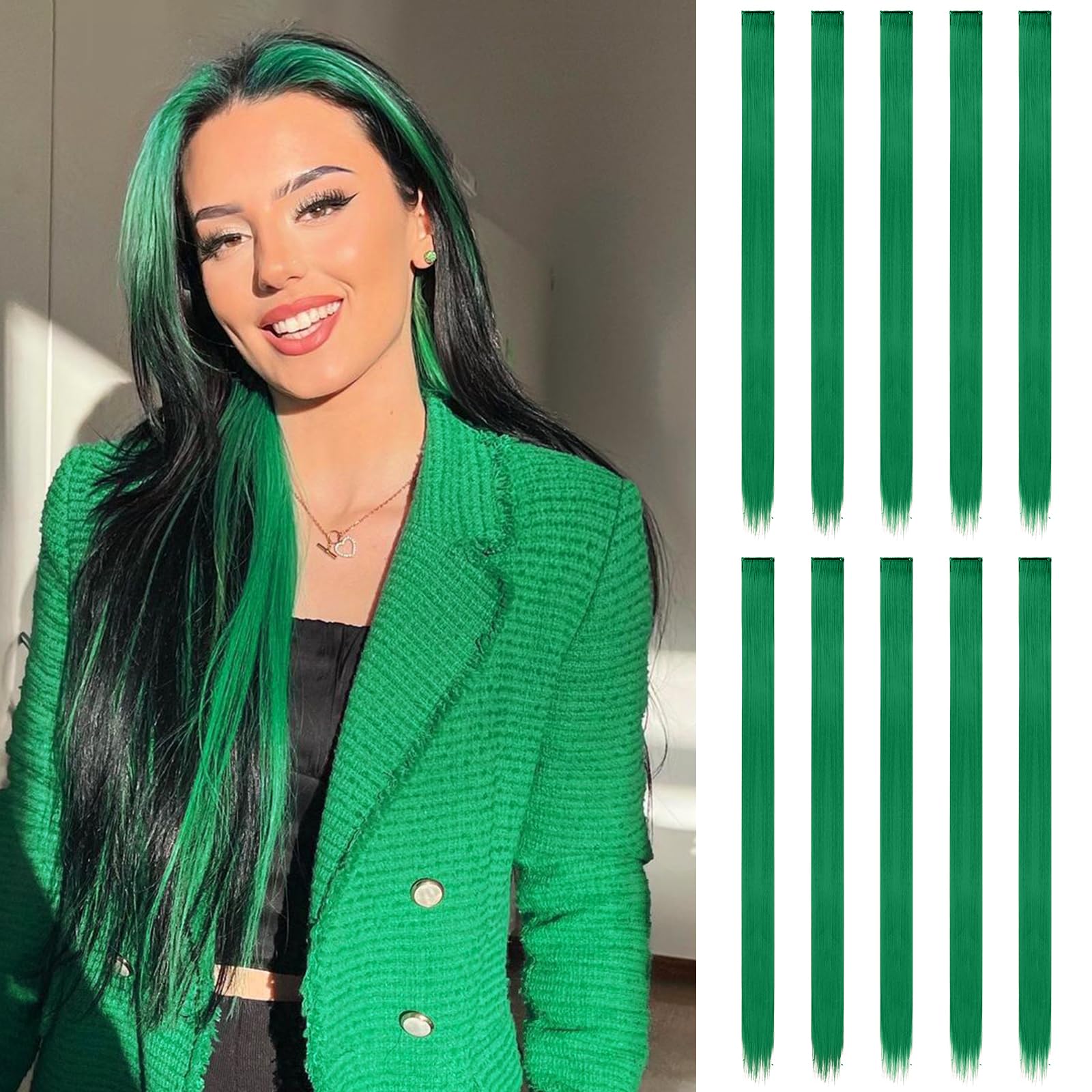 FESHFEN Green Clip in Hair Extensions, Colored Hair Extension 10 PCS Highlight Hair Piece Colorful Straight Synthetic Clip in Ha