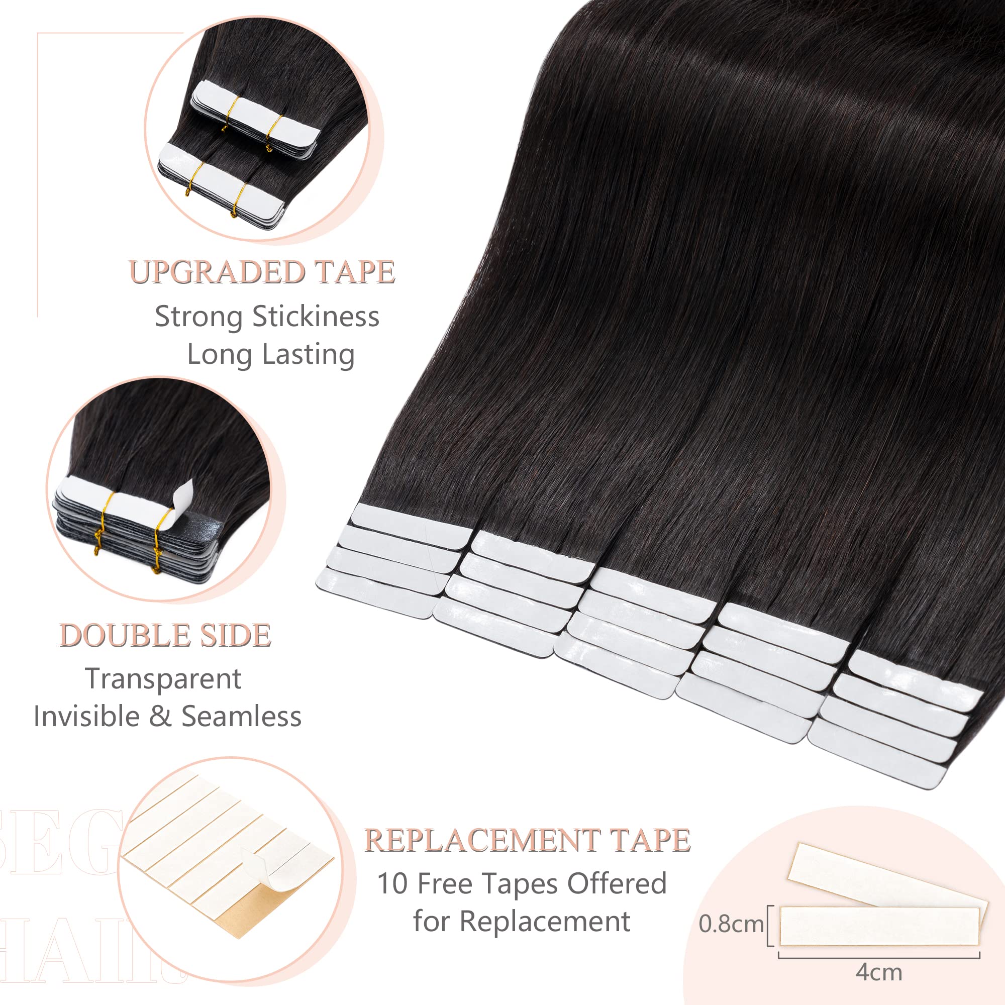 Sego Tape In Hair Extensions Human Hair 22 Inch Natural Black 20Pcs 50G Straight Natural 100% Remy Rooted Seamless Skin Weft Inv