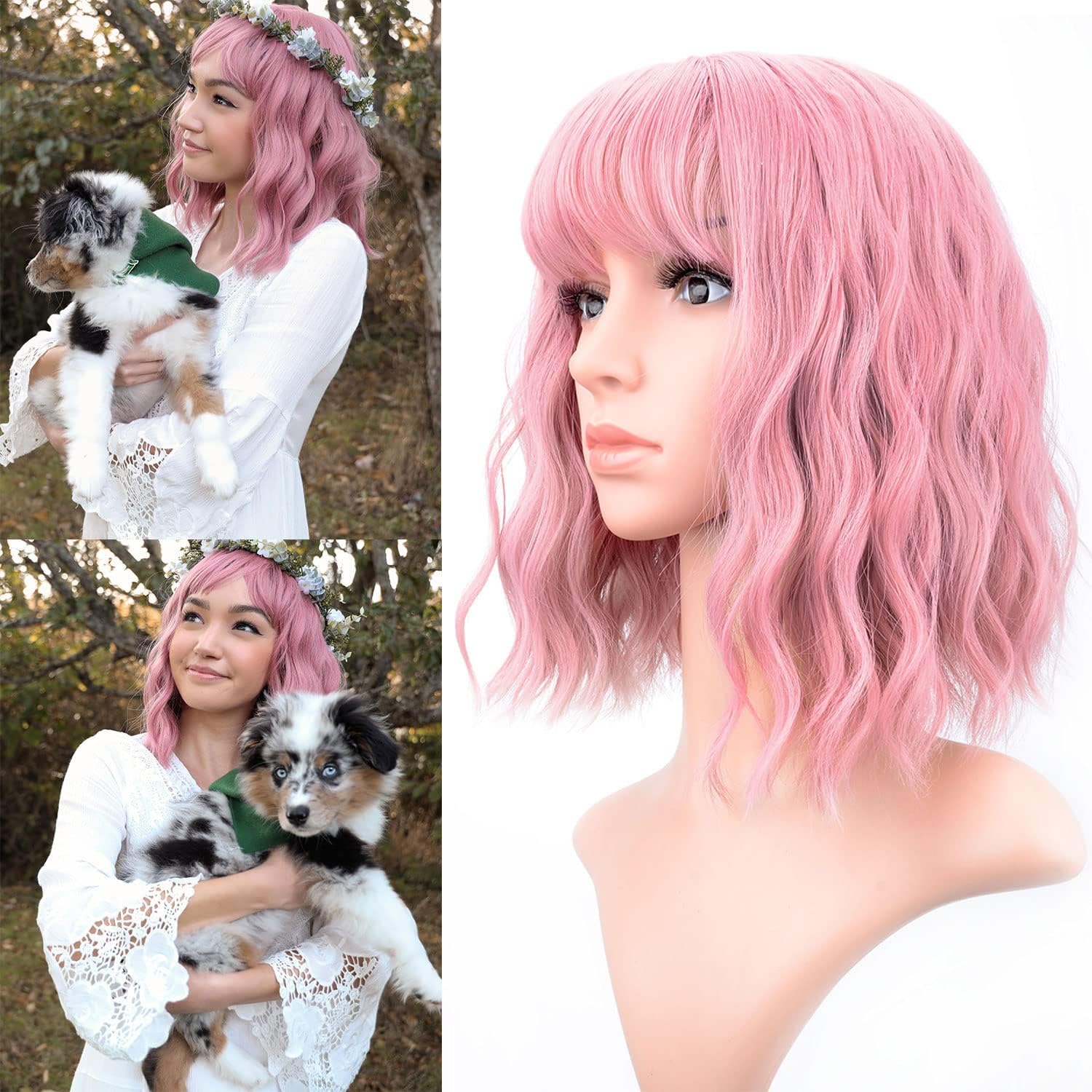 Vckovcko Pastel Wavy Wig With Air Bangs Women'S Short Bob Purple Pink Wigs Curly Wavy Shoulder Length Pastel Bob Wigs Synthetic