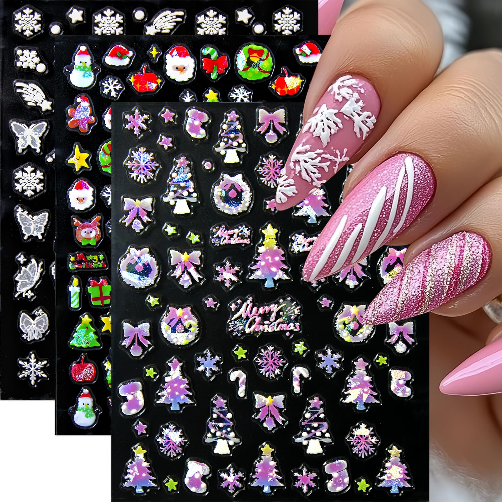 3Pcs Christmas Nail Art Stickers 5D Embossed White Snowflake Butterfly Nail Art Stickers Pink Xmas Tree Bow Snowman Santa Claus 