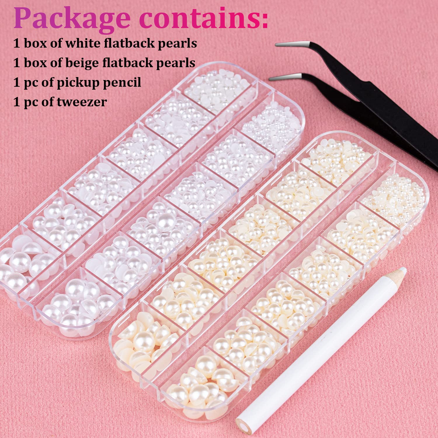 2700 Pcs Flat Back Pearls Kits 1 Box of Flatback White+1 Box of Beige Half Round Pearls with Pickup Pencil And Tweezer for Home
