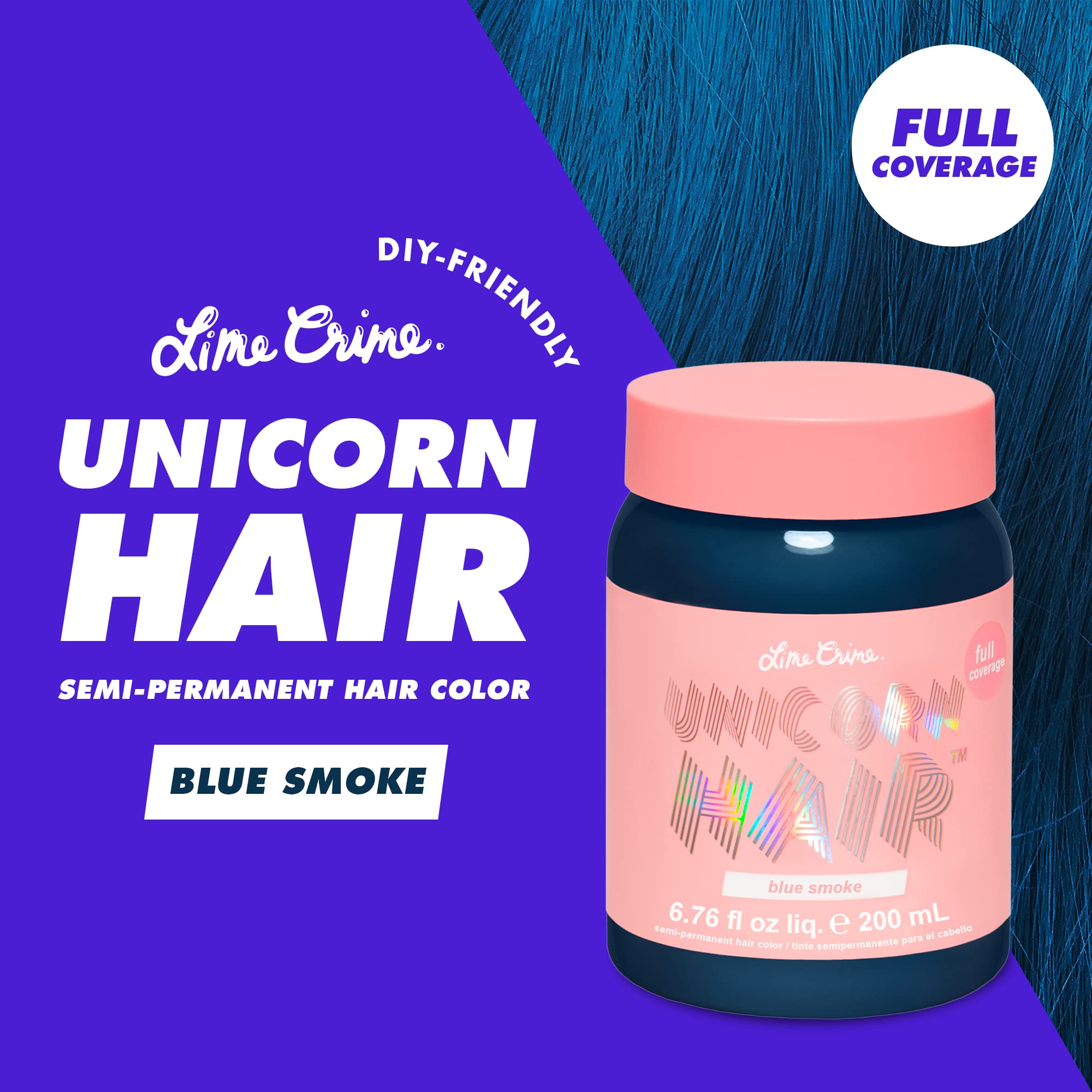 Lime Crime Full Coverage Unicorn Hair Dye, Blue Smoke - Damage-Free Semi-Permanent Hair Color Conditions & Moisturizes - Tempora