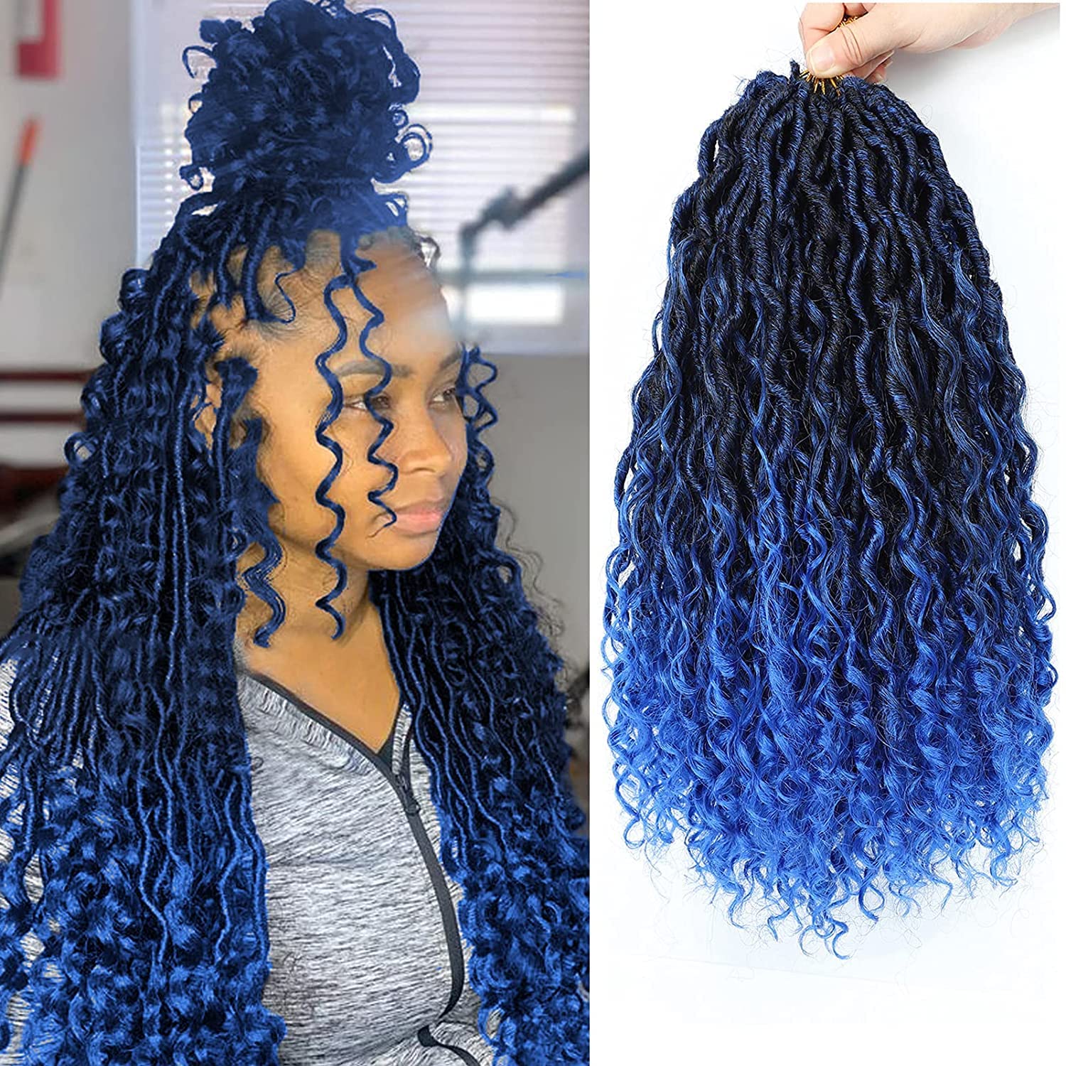 Alimiriam New Goddess Locs Crochet Hair 6 Packs 14 inch Blue Boho Faux Locs Wavy Crochet Hair River Faux Locs Crochet Hair with