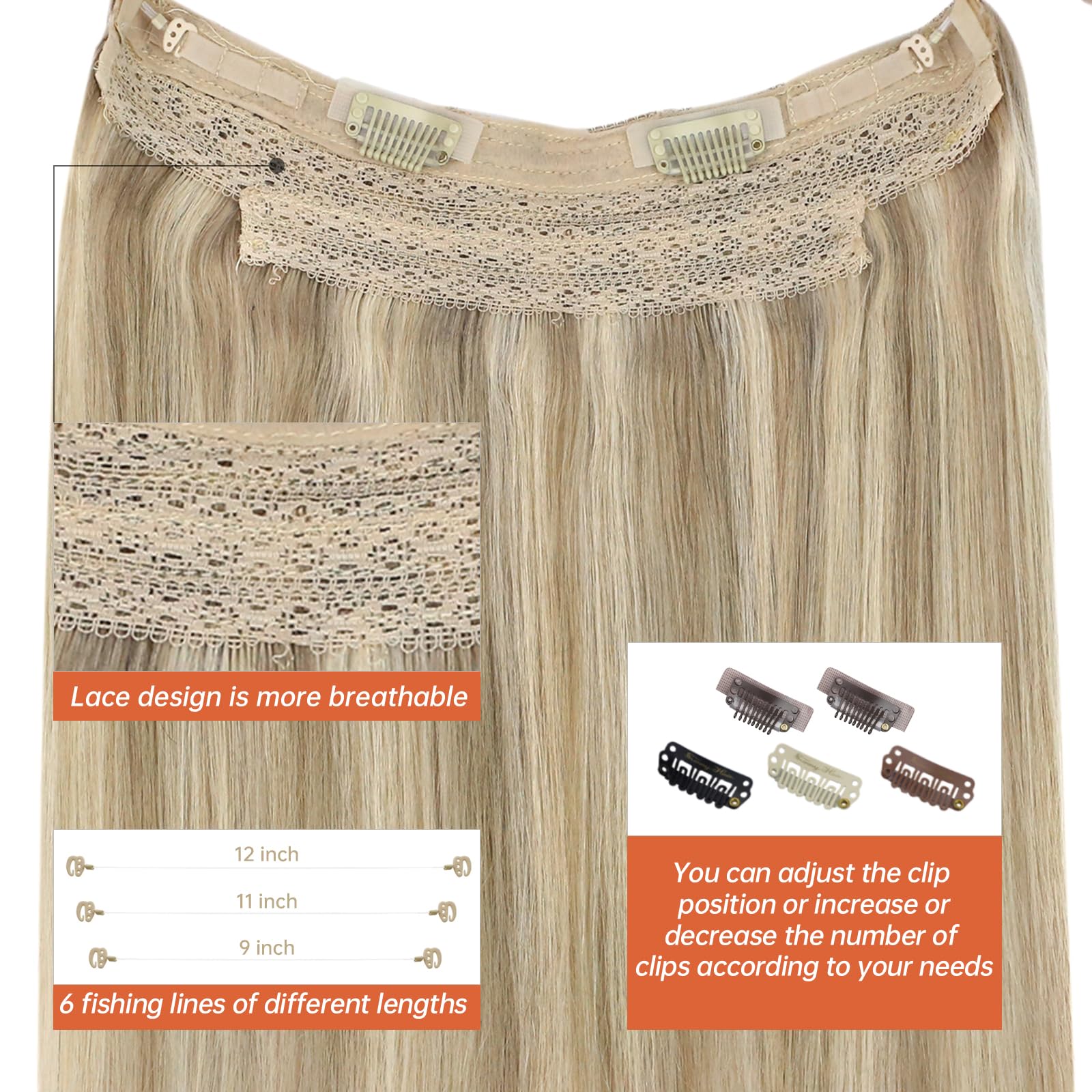 Sunny Wire Hair Extensions Real Human Hair Fish Line Human Hair Extensions Invisible Wire Extensions Lightest Brown with Platinu