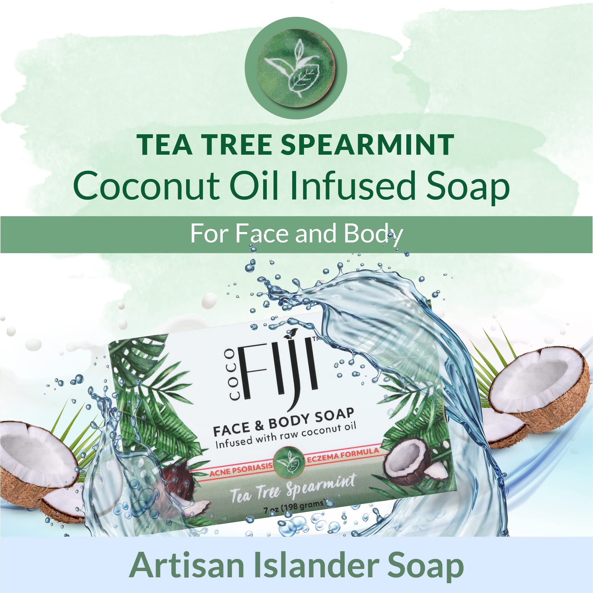 Coco Fiji Soap Bar For Face And Body Infused With Organic Coconut Oil, Tea Tree Spearmint, Essential Oil, Natural Soap For Moist