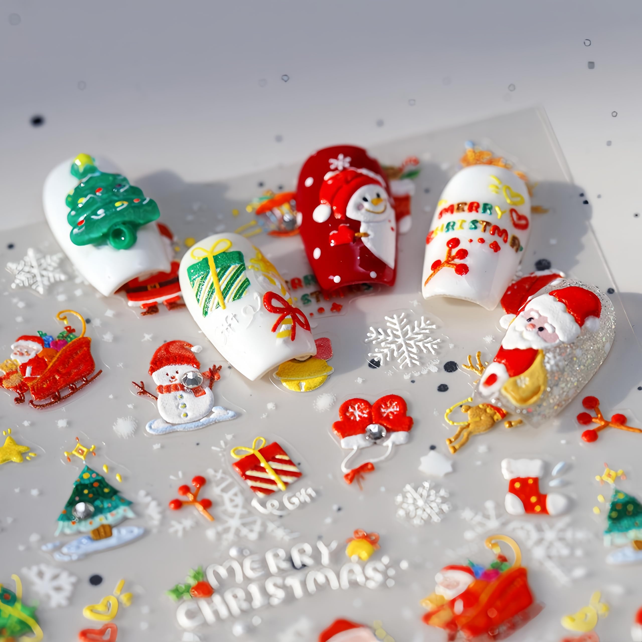 1Pcs Christmas Nail Art Stickers 5D Embossed Snowman Snowflakes Nail Stickers Santa Claus Christmas Tree Crystal Gloves Socks Na