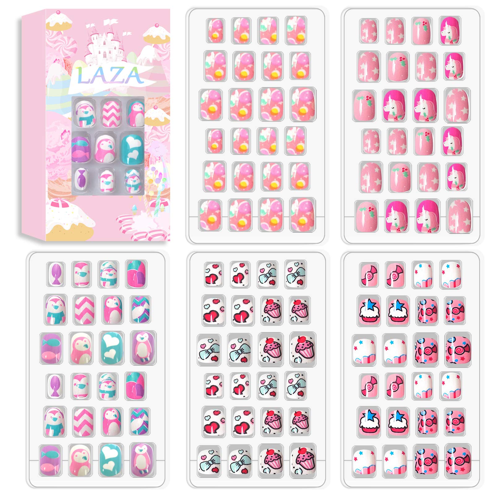 Laza 120pcs Children Nails Girls Press On Artificial Nail Tips Pre-glue Full Cover Short Cute False Nail Kits Lovely Christmas G