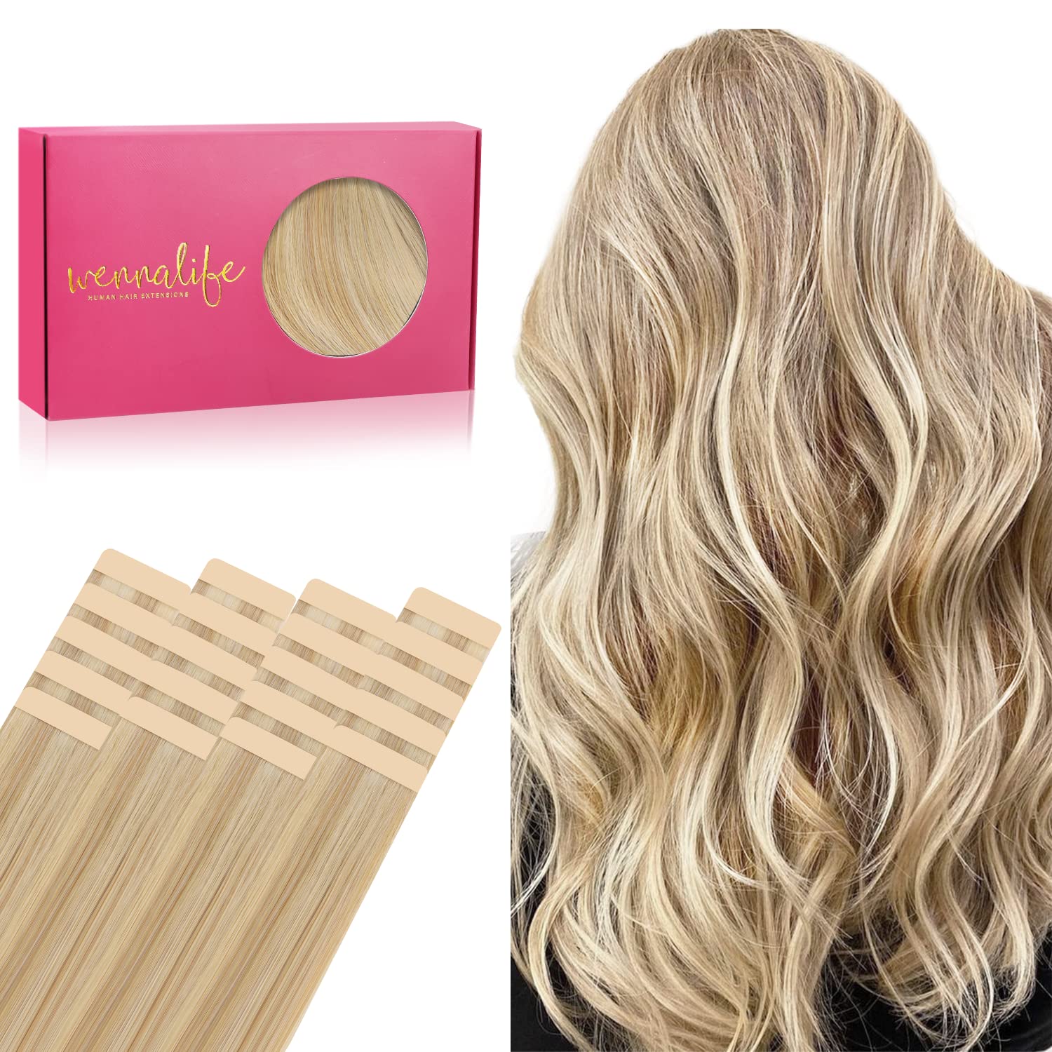 Wennalife Tape In Hair Extensions Human Hair, 20Pcs 50G 20 Inch Light Blonde Highlighted Golden Blonde Remy Hair Extensions Stra