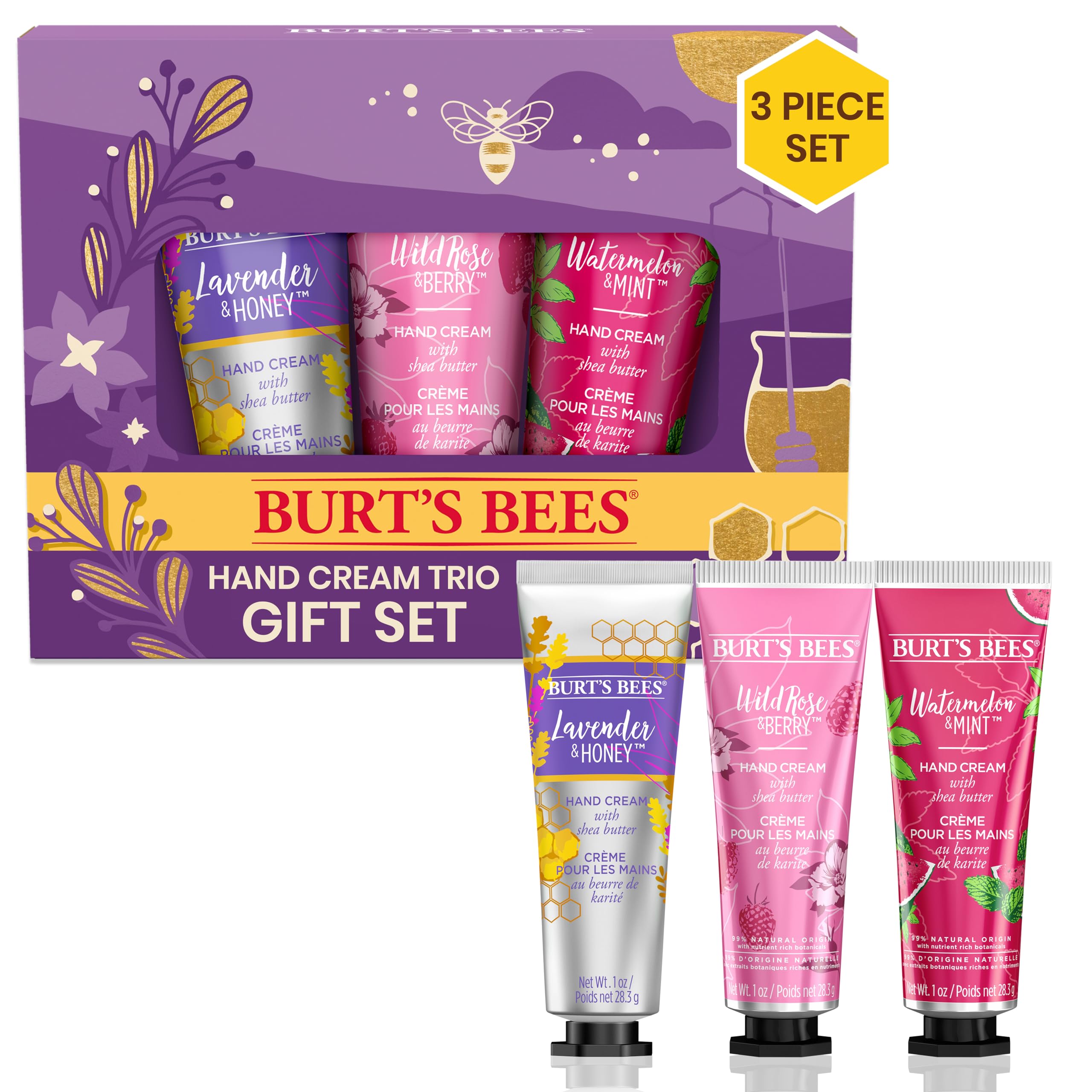 Burts Bees Christmas Gifts, 3 Body Care Stocking Stuffers Products, Hand Cream Trio Set - Lavender Honey, Watermelon Mint & Wild