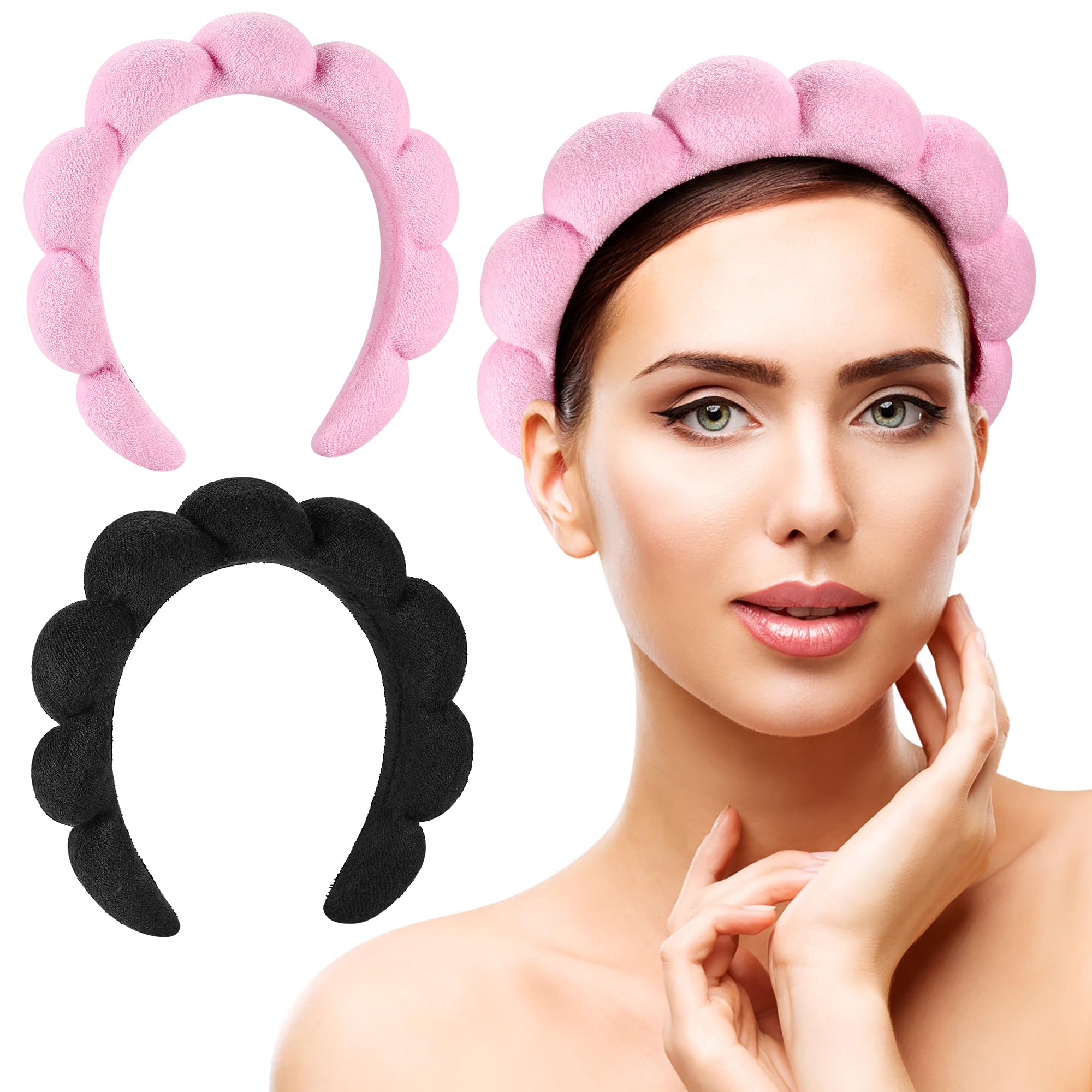 Ztomine Spa Headbands Set of 2 - Terry Cloth Makeup Headbands for Washing Face, Pink & Black, Model 01