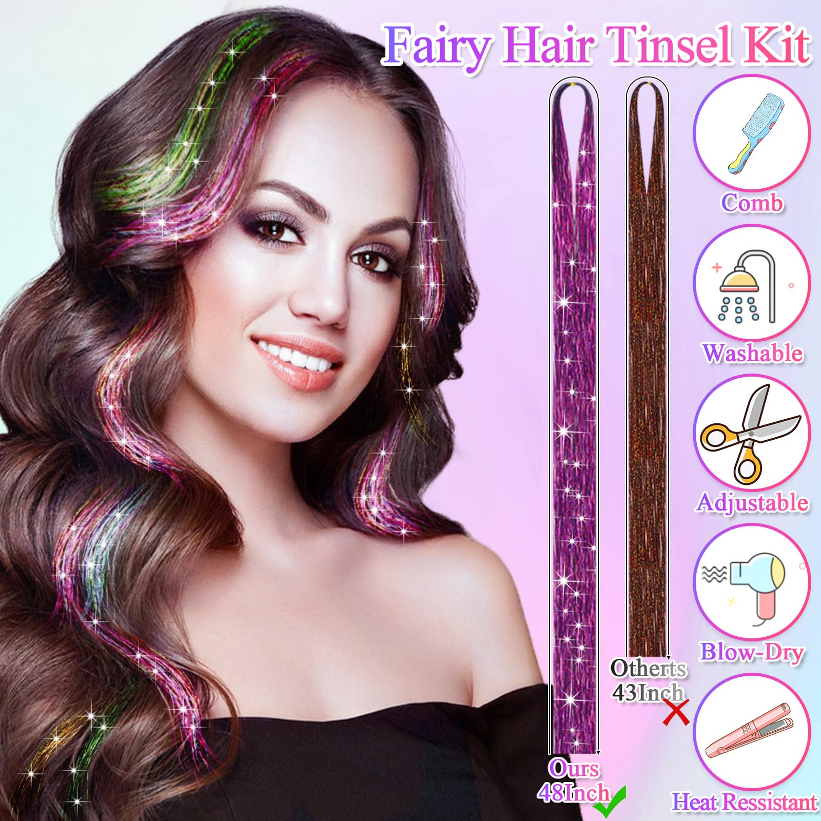 25 Colors Fairy Hair Tinsel Kit 5000 Hair Glitter Strands 48 Inch Heat Resistant Tinsel Hair Extensions Sparkling Shiny Highligh