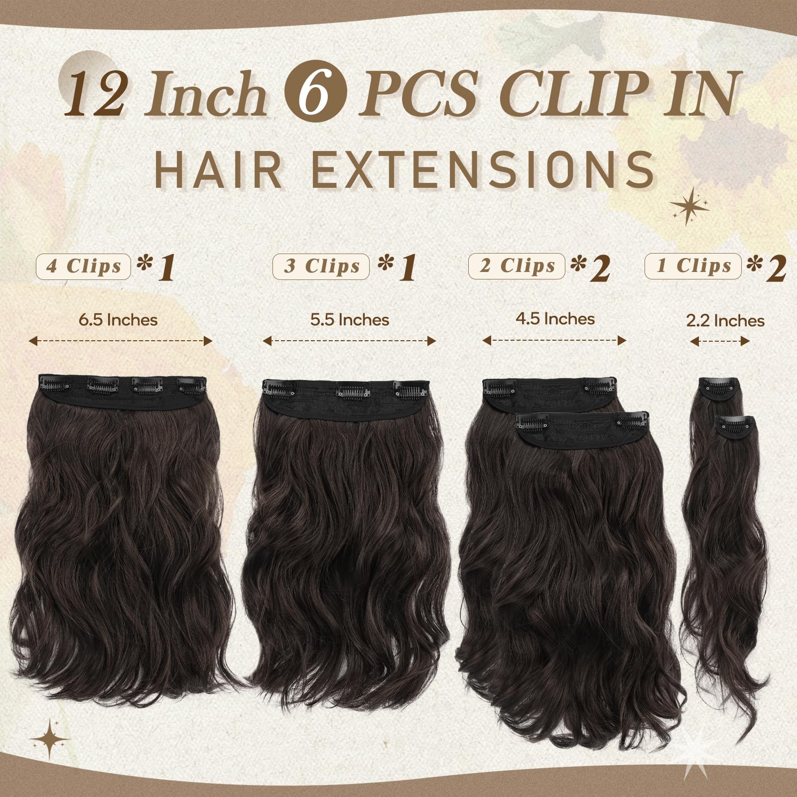 Barsdar Wavy Clip In Hair Extensions - 12 Inch Dark Brown Clip In Hair Extensions For Women - 6Pcs Full Head Thick Soft Syntheti