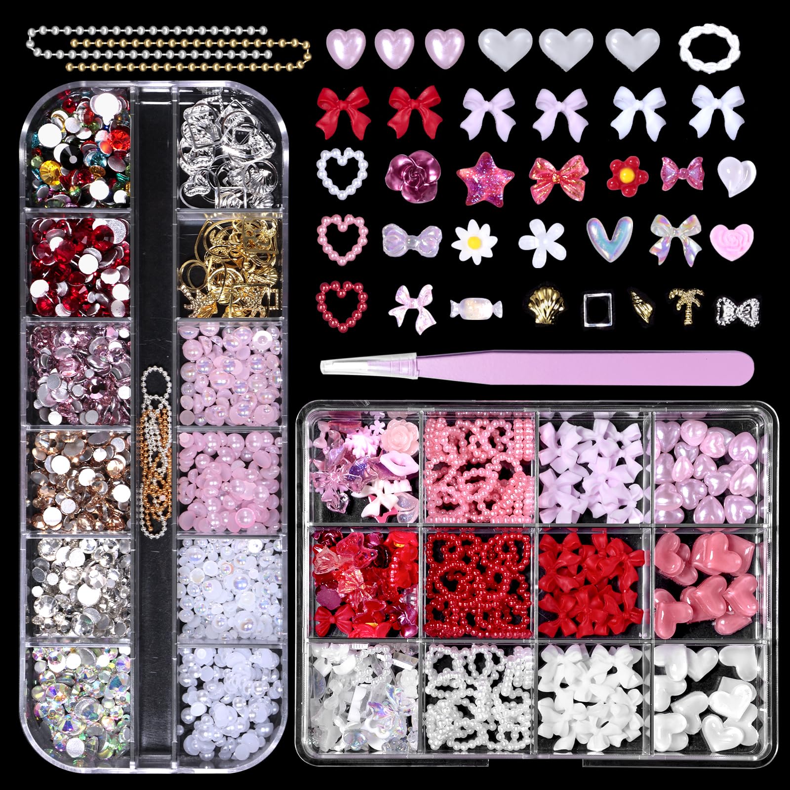 2 Boxes Mixed 3D Nail Charms and Gems, Red Pink Bows Flowers Acrylic Nail Charms Pearl Heart Nail Art Charms, Bows Heart Nail Ch