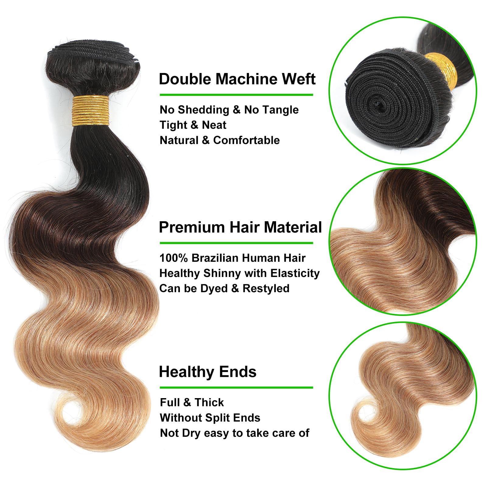 Kapelli Hair 10A Ombre Human Hair Bundles Ombre Brazilian Hair Body Wave (T1B/4/27,16'' 18'' 20'' 22'') Ombre Brazilian Human Ha