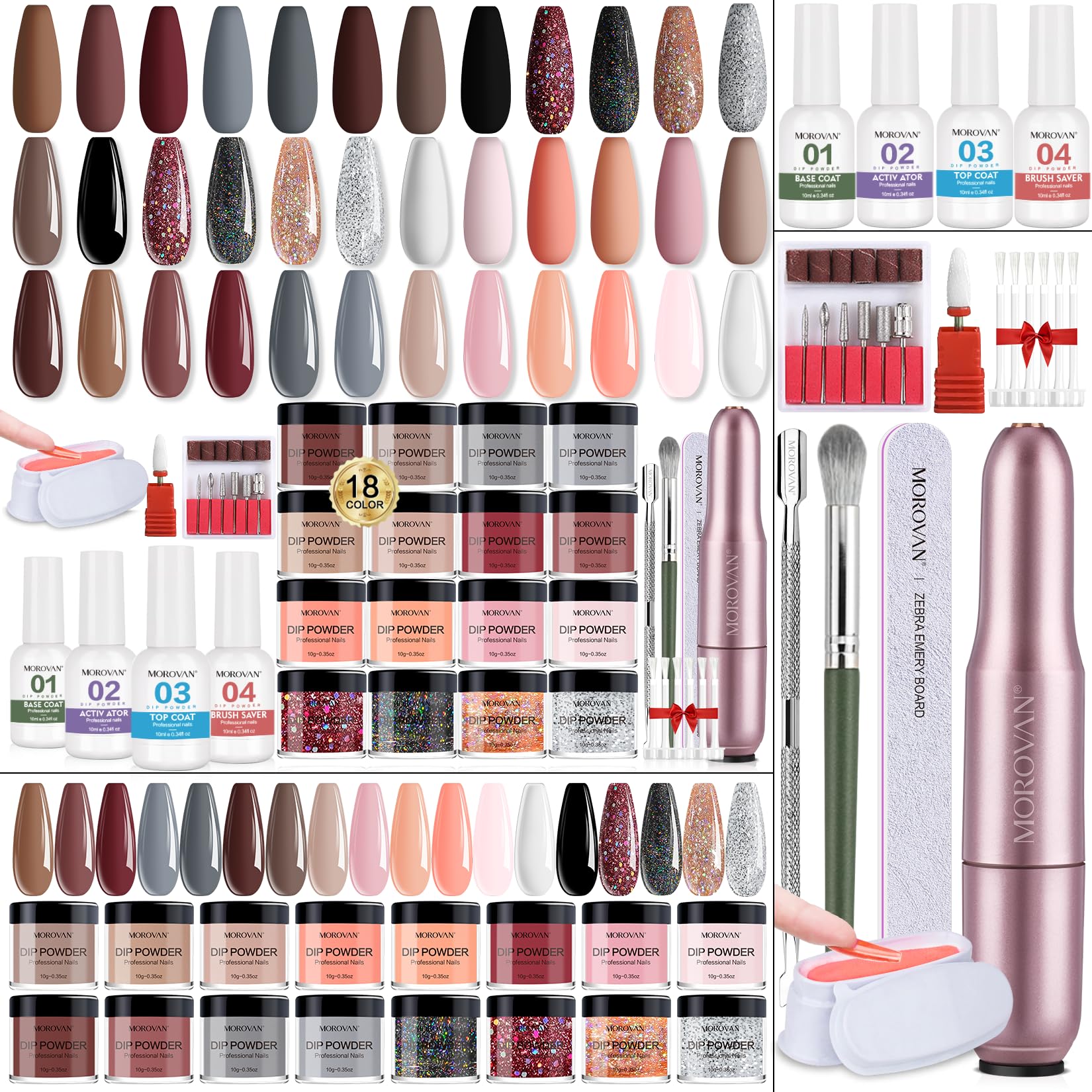30Pcs Dip Powder Nail Kit Starter-Morovan 18 Colors Dip Powder Pure Glitter Nail Dipping Powder Set With Electric Nail Drill Mac