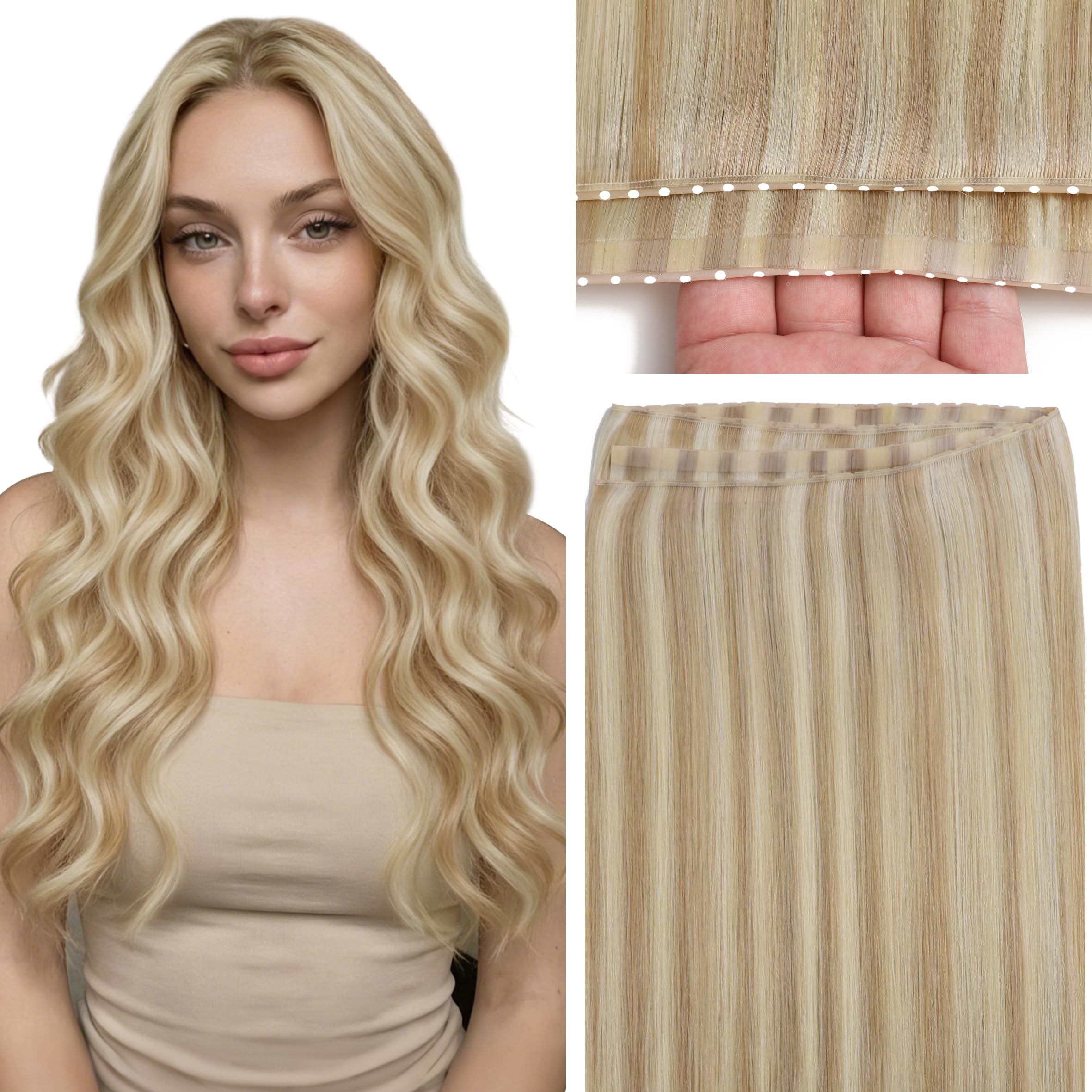 Caliee Human Hair Butterfly Weft Extensions 16 Inch Highlight Ash Blonde Mixed Light Blonde Beaded Weft Thick Human Hair Extensi
