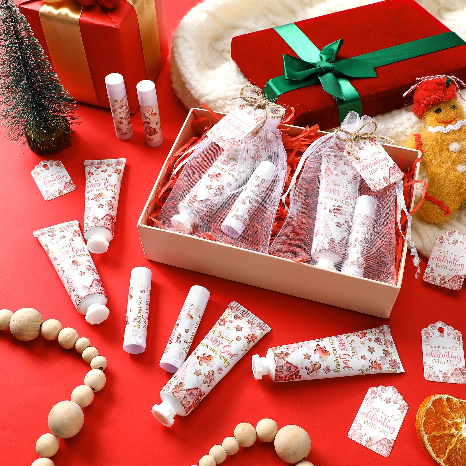 Dansib 24 Sets Christmas Gingerbread Baby Shower Hand Cream and Lip Balm Gift Christmas Baby Shower Party Favors Travel Size Han