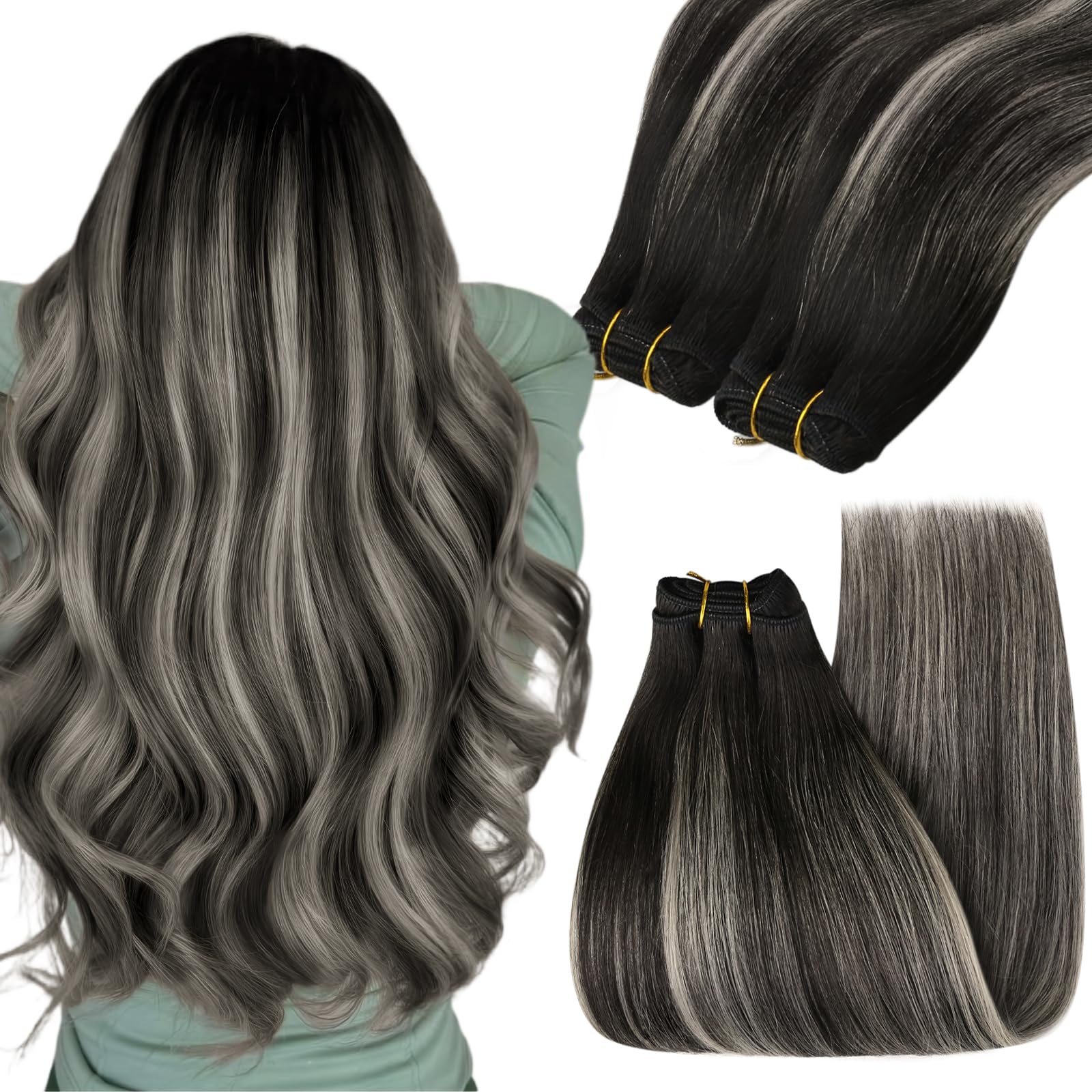 YoungSee 24 Inch Sew in Human Hair Extensions Ombre Black Weft Real Hair Extensions Blend of Black and Silver with Black Roots S