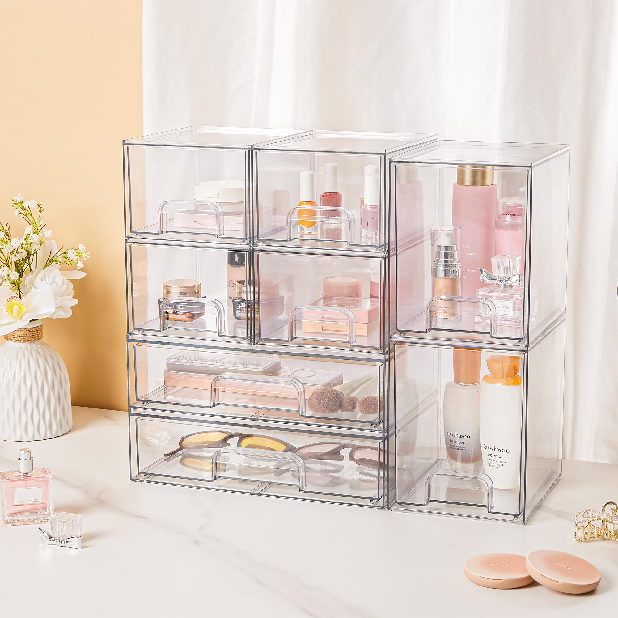 Vtopmart Stackable Storage Drawers Set Of 5, Clear Plastic Organizer Bins For Beauty Supplies,Ideal For Vanity, Bathroom,Cabinet