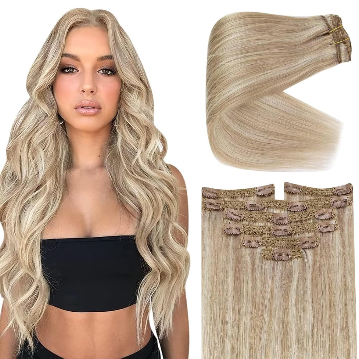 Ve Sunny 22Inch Hair Extensions Clip Ins Blonde Highlights Clip In Hair Extensions Human Hair Long Blonde Clip In Hair Extension