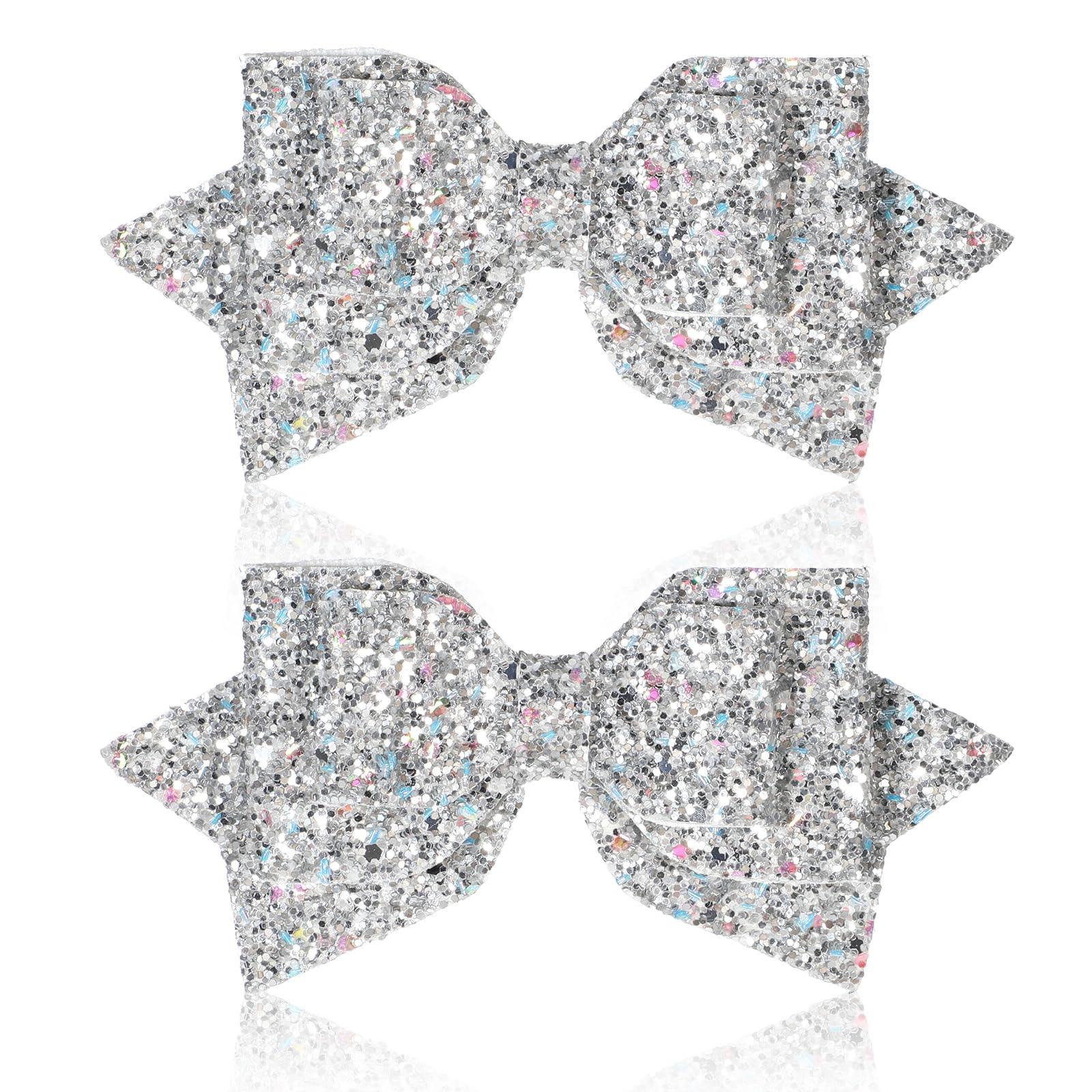 2 Pcs Silver Hair Bow Clips, 5 Inch Glitter Hair Bows for Girls Sparkly Double Bowed Accessories Glitter Sequin Boutique Head Cl