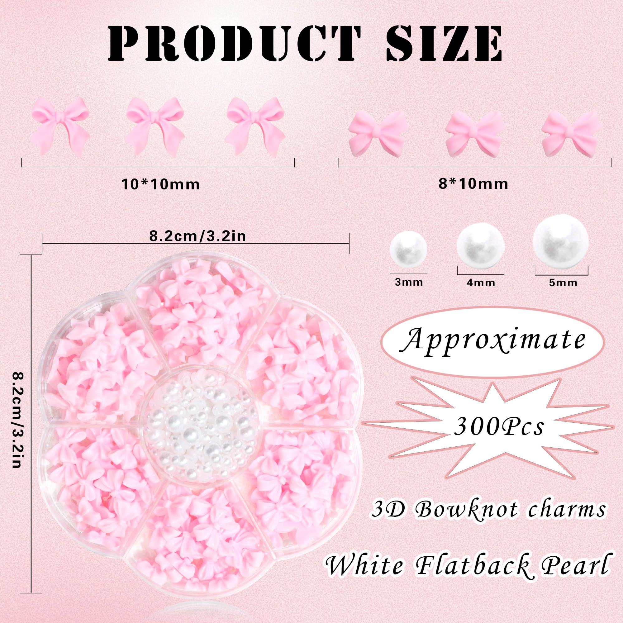 300Pcs Bow Nail Charms And Flatback Pearls,Pink Bowknot 3D Cute Nail Charms For Acrylic Nail Supplies Design,3-5Mm White Half Pe