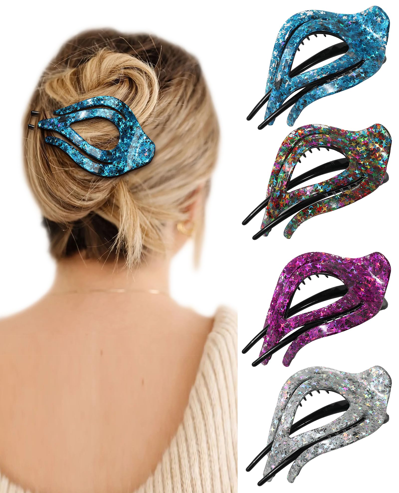 French Concord Curved Hair Clips - 4Pcs Acrylic Clips for Women's Thick, Flat Hair With Strong Hold (Medium, Shiny Silver/Green/