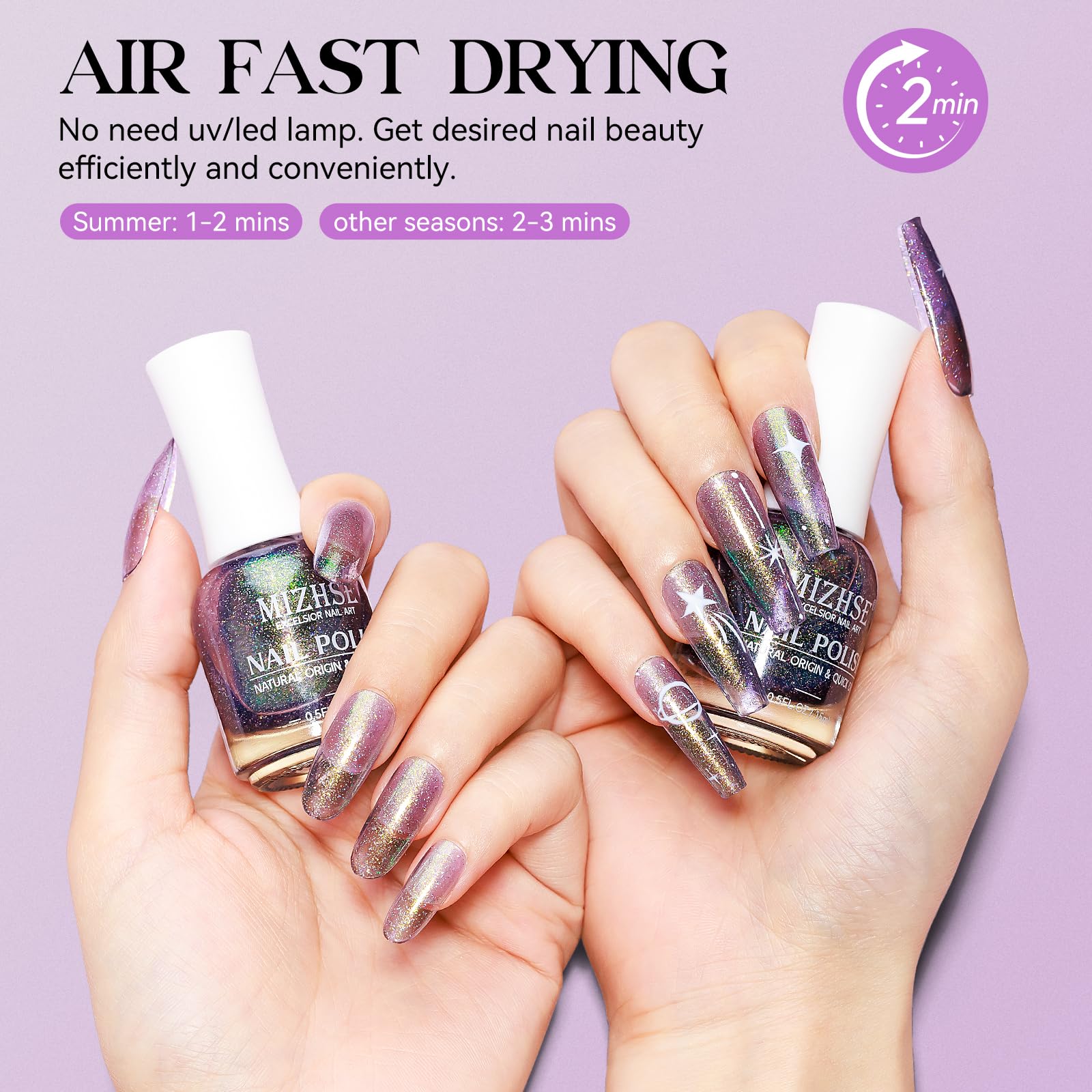 Mizhse Quick Dry Nail Polish, Holographic Neon Purple Nail Polish Air Dry Fast, 15Ml/0.5 Fl Oz Regular Sparkle Shimmery Oil-Base
