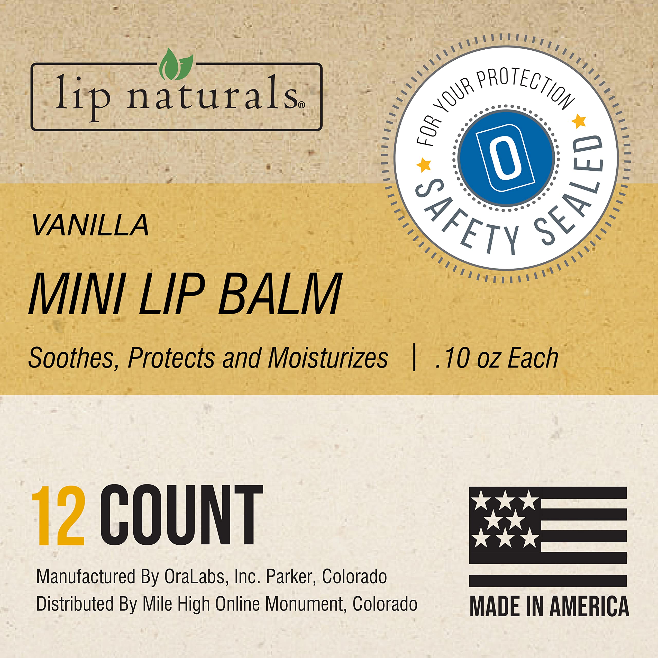 Lip Naturals Mini Vanilla Lip Balm with Sunscreen (SPF-15) | Made in USA with Beeswax & Coconut Oil | 12-Count Pack with Vanilla