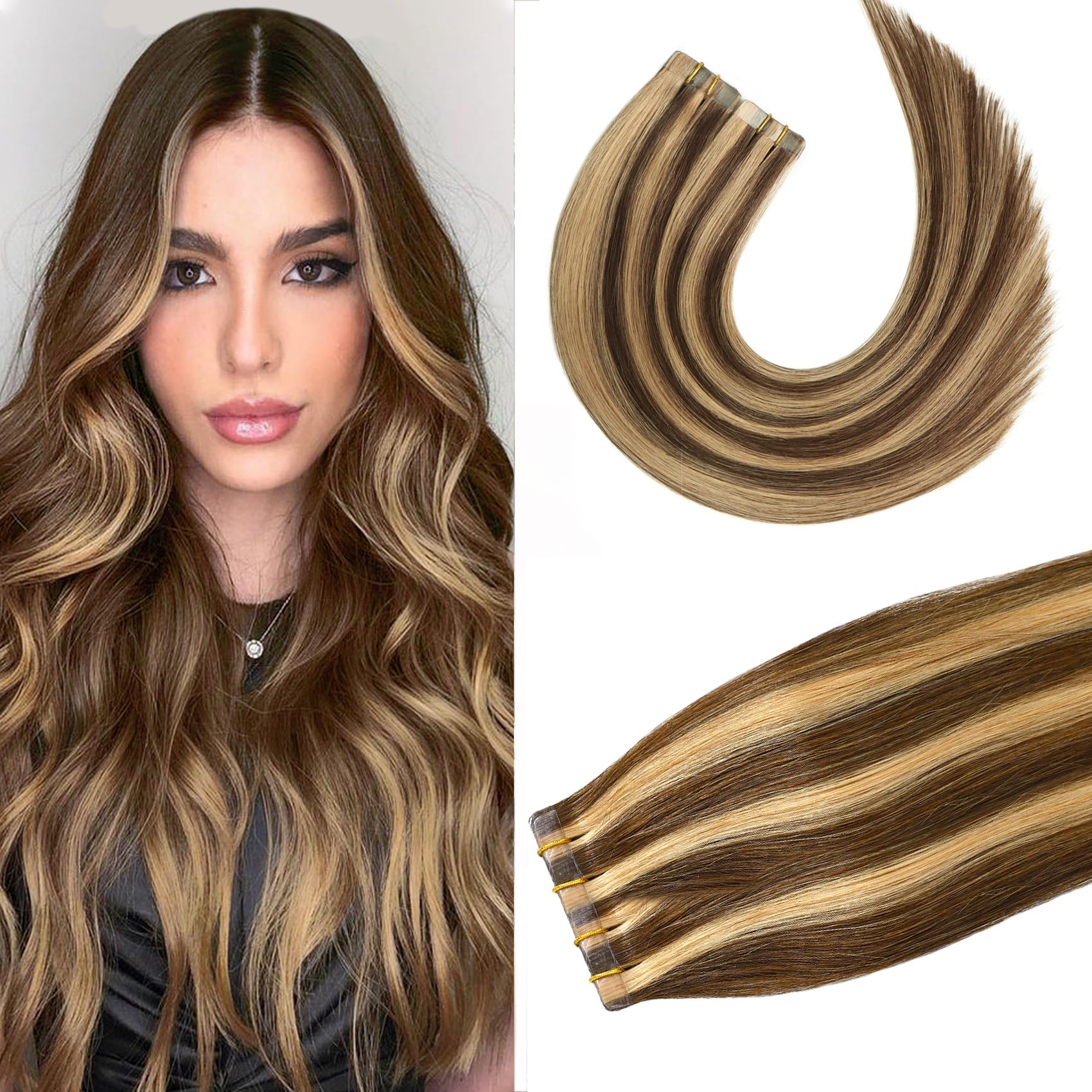 Aison Highlight Chocolate Brown To Caramel Blonde Tape In Hair Extensions Human Hair Extensions Silky Straight For Women 20 Pcs/